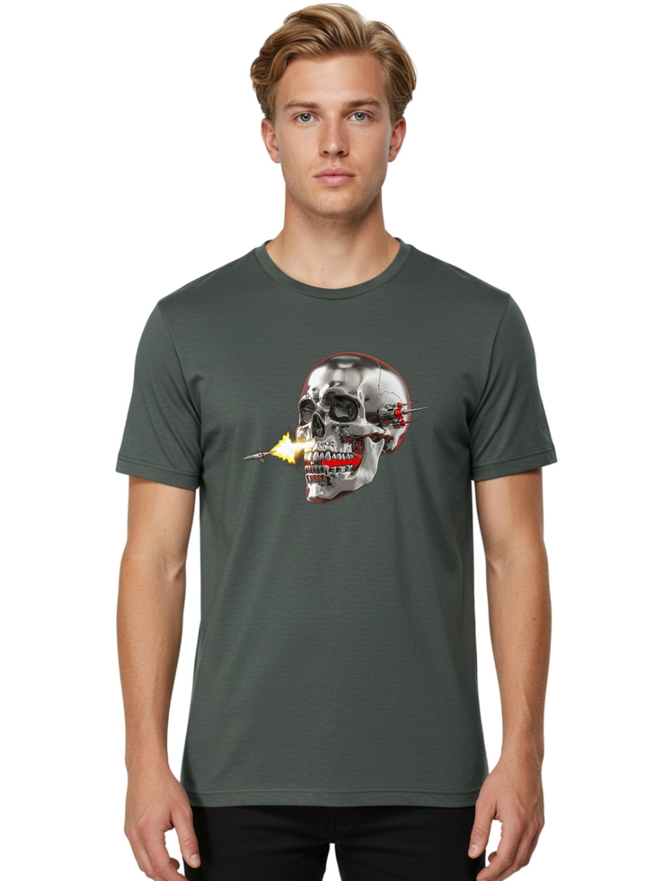 Metal-Skull Men'S Graphic Tee, 100% Cotton, Comfortable Casual Summer Wear, Machine Washable, Metal Skull, Robotic Skull, Futuristic Design, Cybernetic Enhancements, Metallic Finish, Sharp Teeth, Red Accents, Sci-Fi Element, Metal Implants, Bad317 17