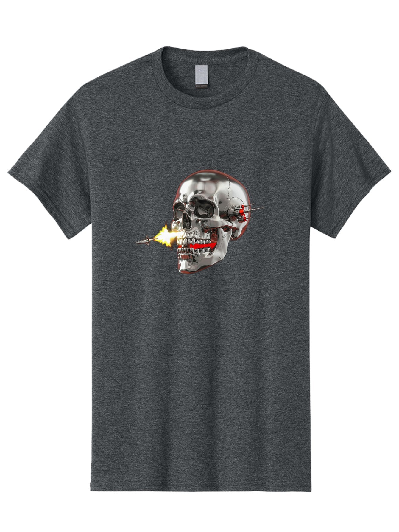 Metal-Skull Men'S Graphic Tee, 100% Cotton, Comfortable Casual Summer Wear, Machine Washable, Metal Skull, Robotic Skull, Futuristic Design, Cybernetic Enhancements, Metallic Finish, Sharp Teeth, Red Accents, Sci-Fi Element, Metal Implants, Bad317 13