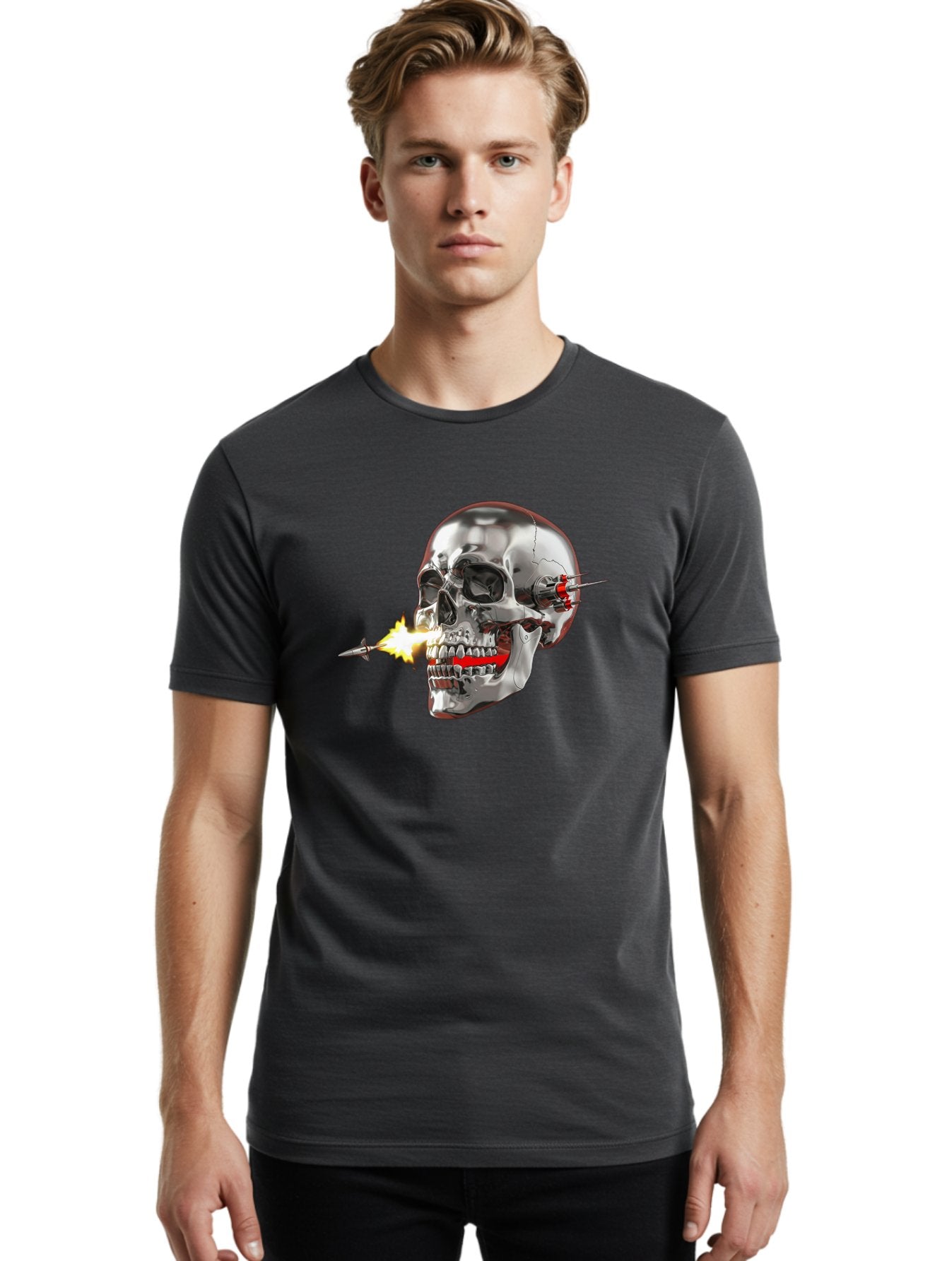 Metal-Skull Men'S Graphic Tee, 100% Cotton, Comfortable Casual Summer Wear, Machine Washable, Metal Skull, Robotic Skull, Futuristic Design, Cybernetic Enhancements, Metallic Finish, Sharp Teeth, Red Accents, Sci-Fi Element, Metal Implants, Bad317 20