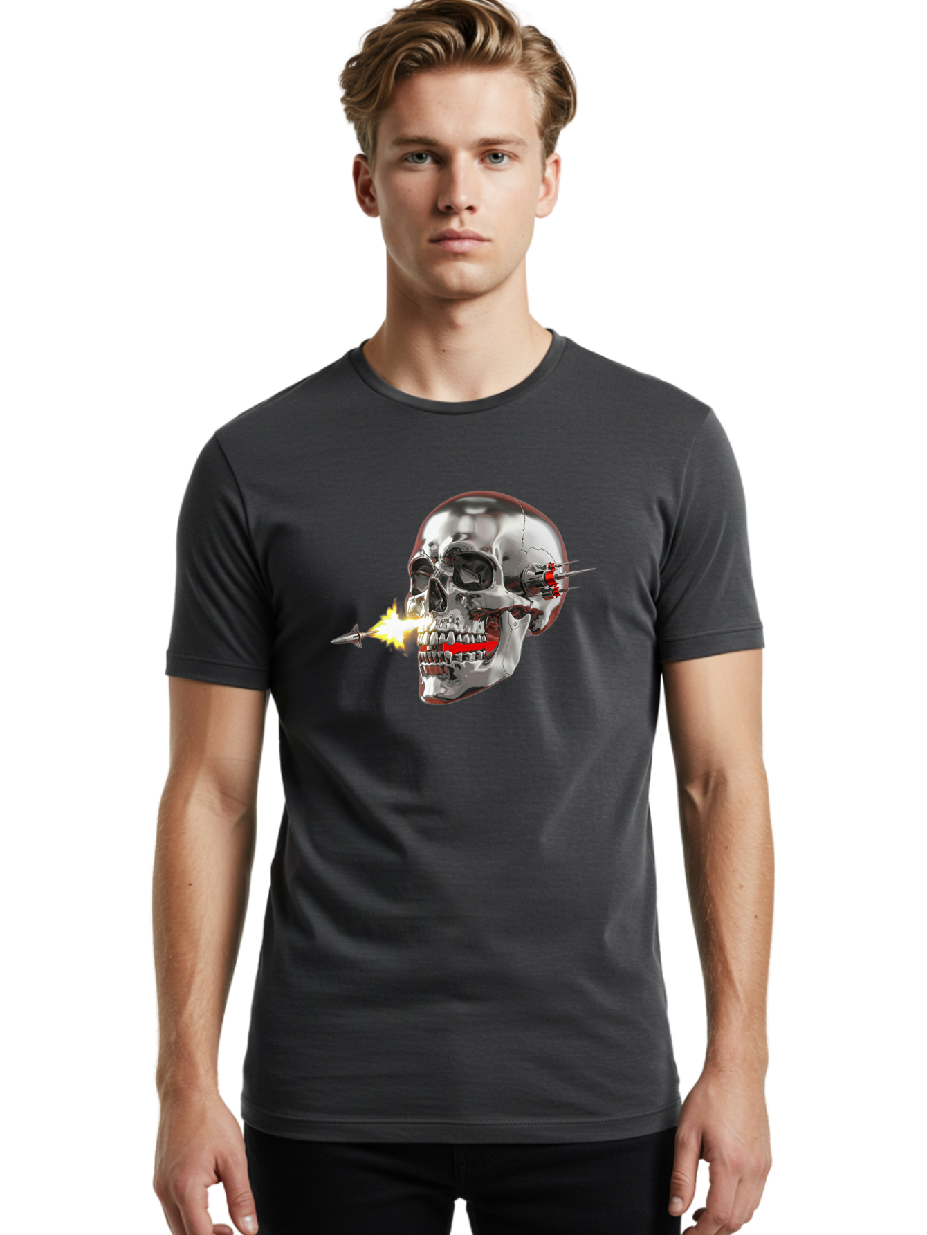 Metal-Skull Men'S Graphic Tee, 100% Cotton, Comfortable Casual Summer Wear, Machine Washable, Metal Skull, Robotic Skull, Futuristic Design, Cybernetic Enhancements, Metallic Finish, Sharp Teeth, Red Accents, Sci-Fi Element, Metal Implants, Bad317 30