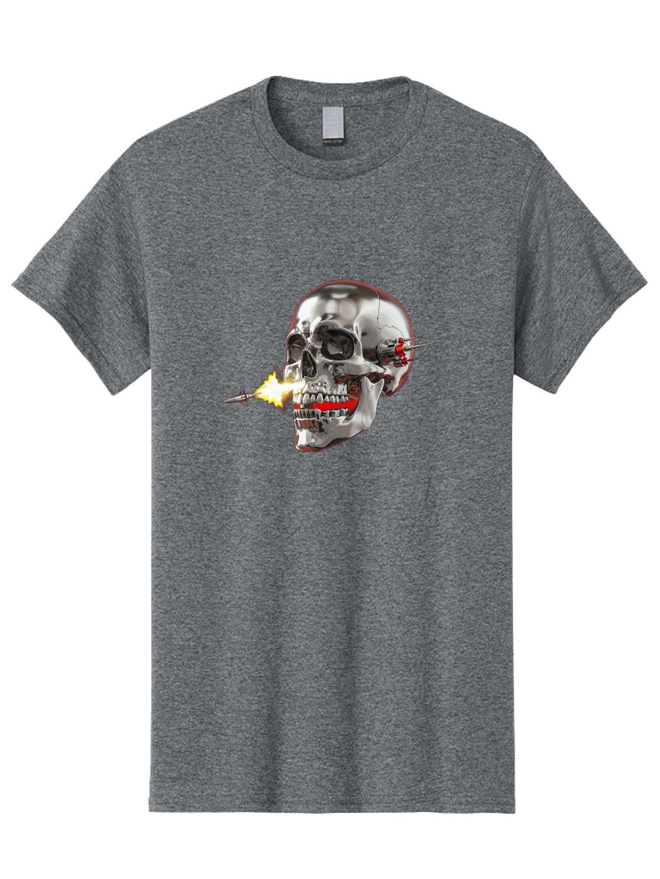 Metal-Skull Men'S Graphic Tee, 100% Cotton, Comfortable Casual Summer Wear, Machine Washable, Metal Skull, Robotic Skull, Futuristic Design, Cybernetic Enhancements, Metallic Finish, Sharp Teeth, Red Accents, Sci-Fi Element, Metal Implants, Bad317 3