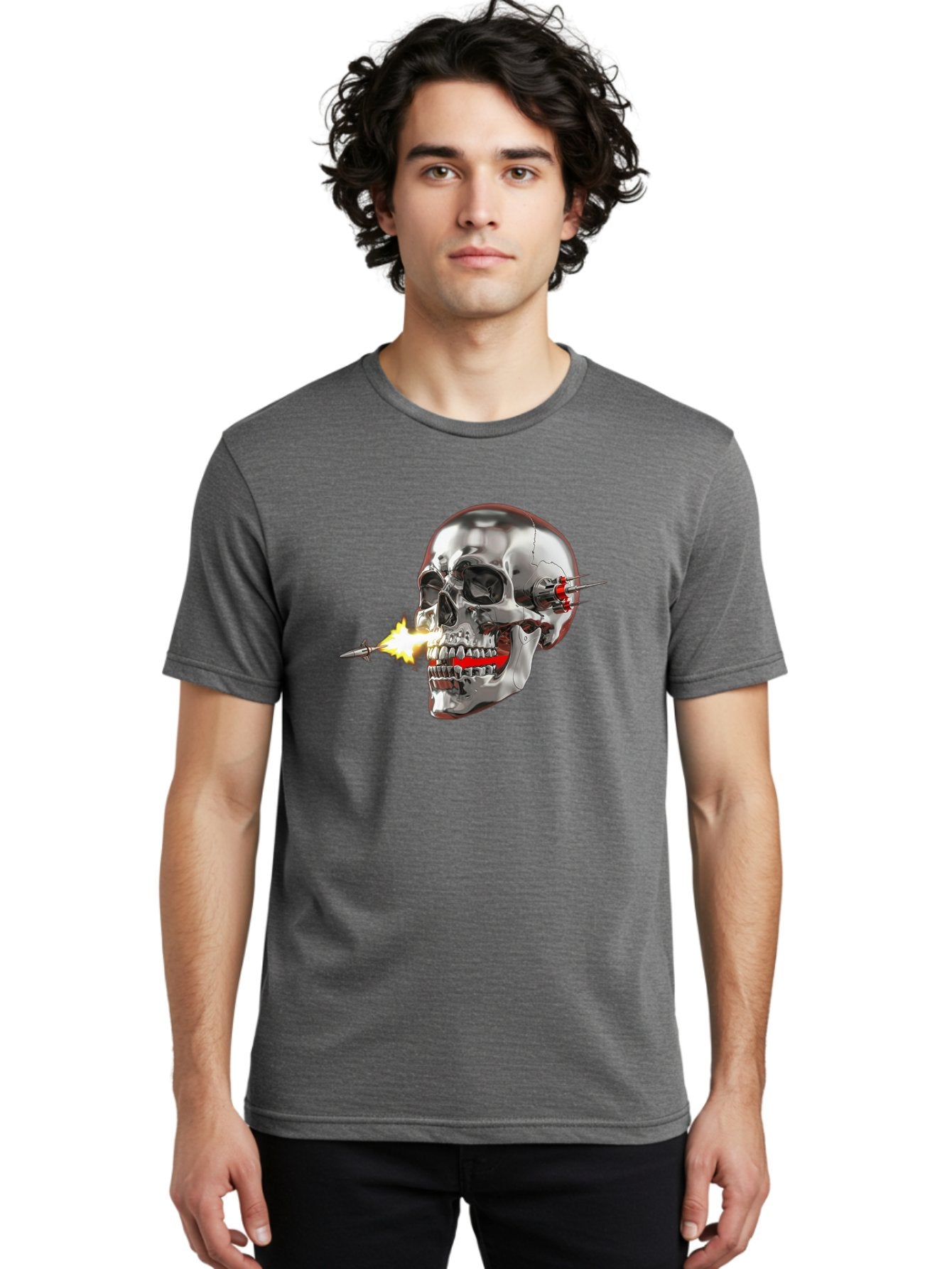 Metal-Skull Men'S Graphic Tee, 100% Cotton, Comfortable Casual Summer Wear, Machine Washable, Metal Skull, Robotic Skull, Futuristic Design, Cybernetic Enhancements, Metallic Finish, Sharp Teeth, Red Accents, Sci-Fi Element, Metal Implants, Bad317 22