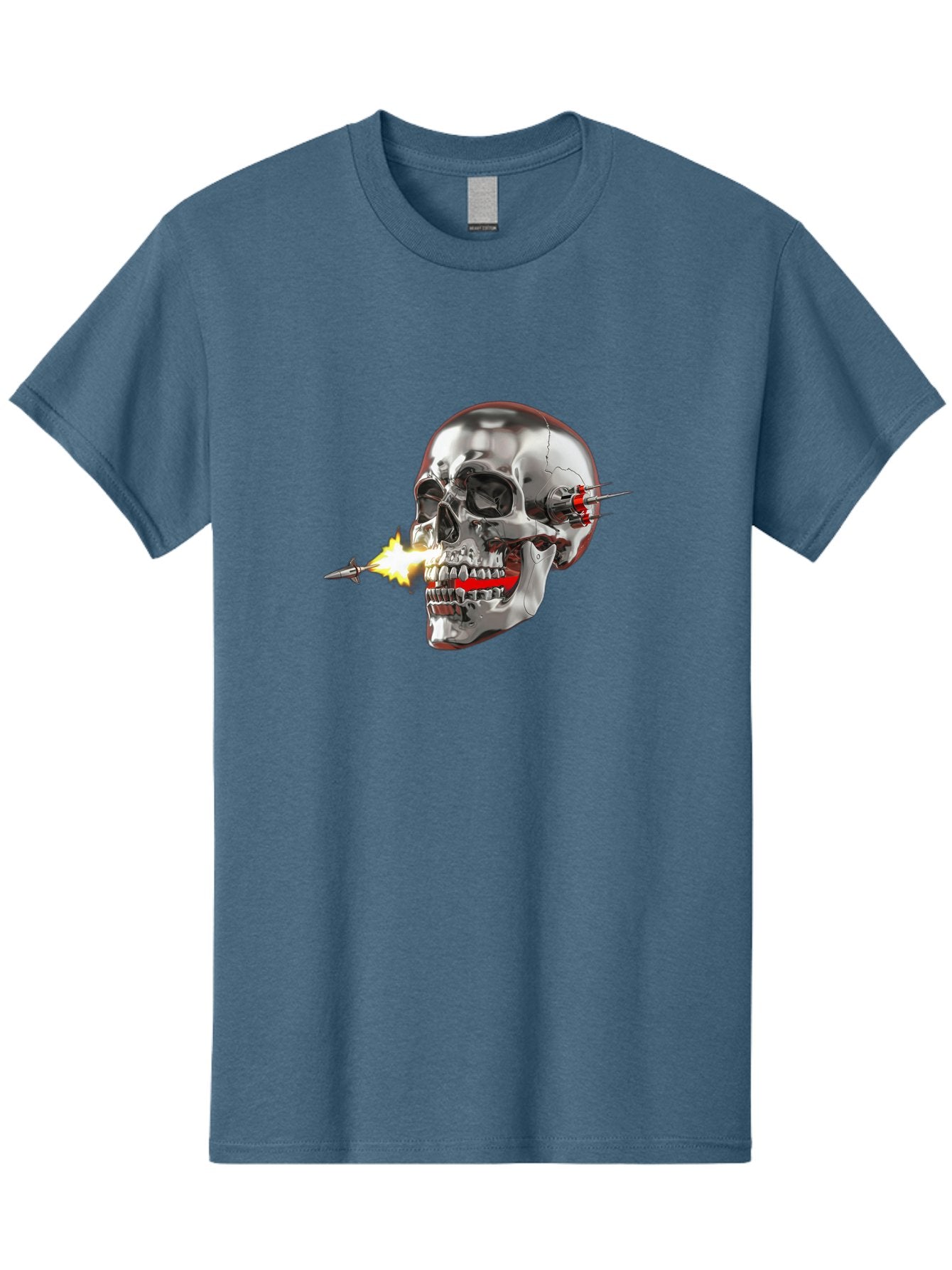 Metal-Skull Men'S Graphic Tee, 100% Cotton, Comfortable Casual Summer Wear, Machine Washable, Metal Skull, Robotic Skull, Futuristic Design, Cybernetic Enhancements, Metallic Finish, Sharp Teeth, Red Accents, Sci-Fi Element, Metal Implants, Bad317 6