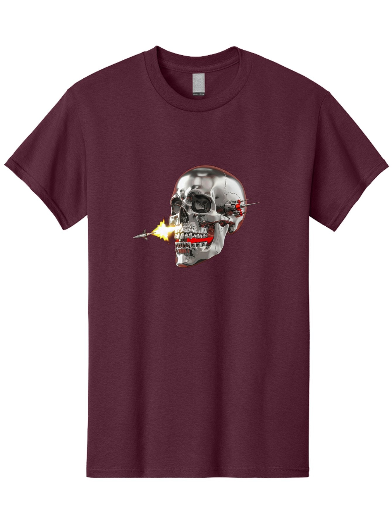 Metal-Skull Men'S Graphic Tee, 100% Cotton, Comfortable Casual Summer Wear, Machine Washable, Metal Skull, Robotic Skull, Futuristic Design, Cybernetic Enhancements, Metallic Finish, Sharp Teeth, Red Accents, Sci-Fi Element, Metal Implants, Bad317 11