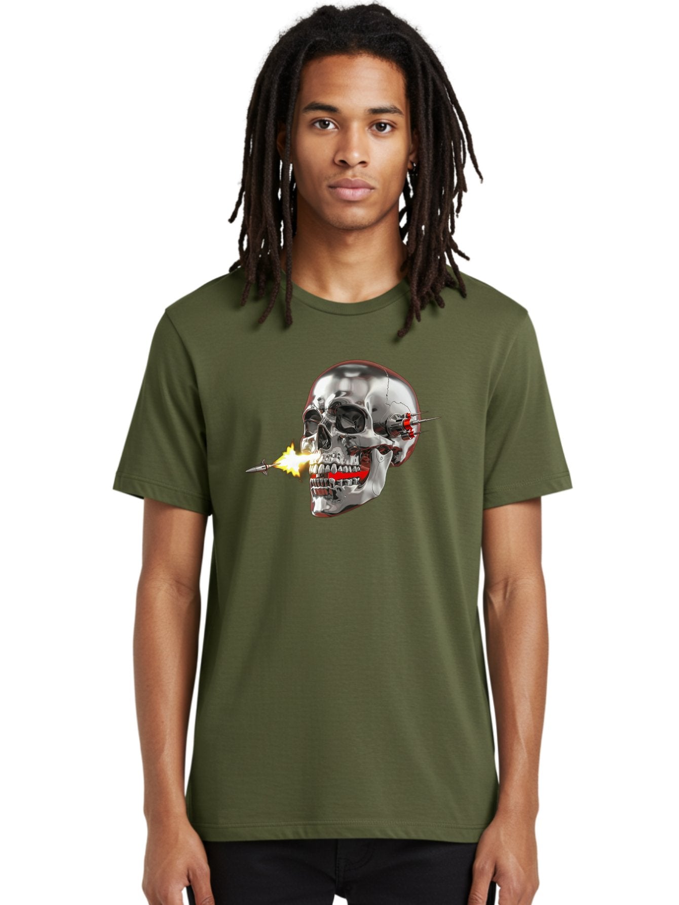 Metal-Skull Men'S Graphic Tee, 100% Cotton, Comfortable Casual Summer Wear, Machine Washable, Metal Skull, Robotic Skull, Futuristic Design, Cybernetic Enhancements, Metallic Finish, Sharp Teeth, Red Accents, Sci-Fi Element, Metal Implants, Bad317 30