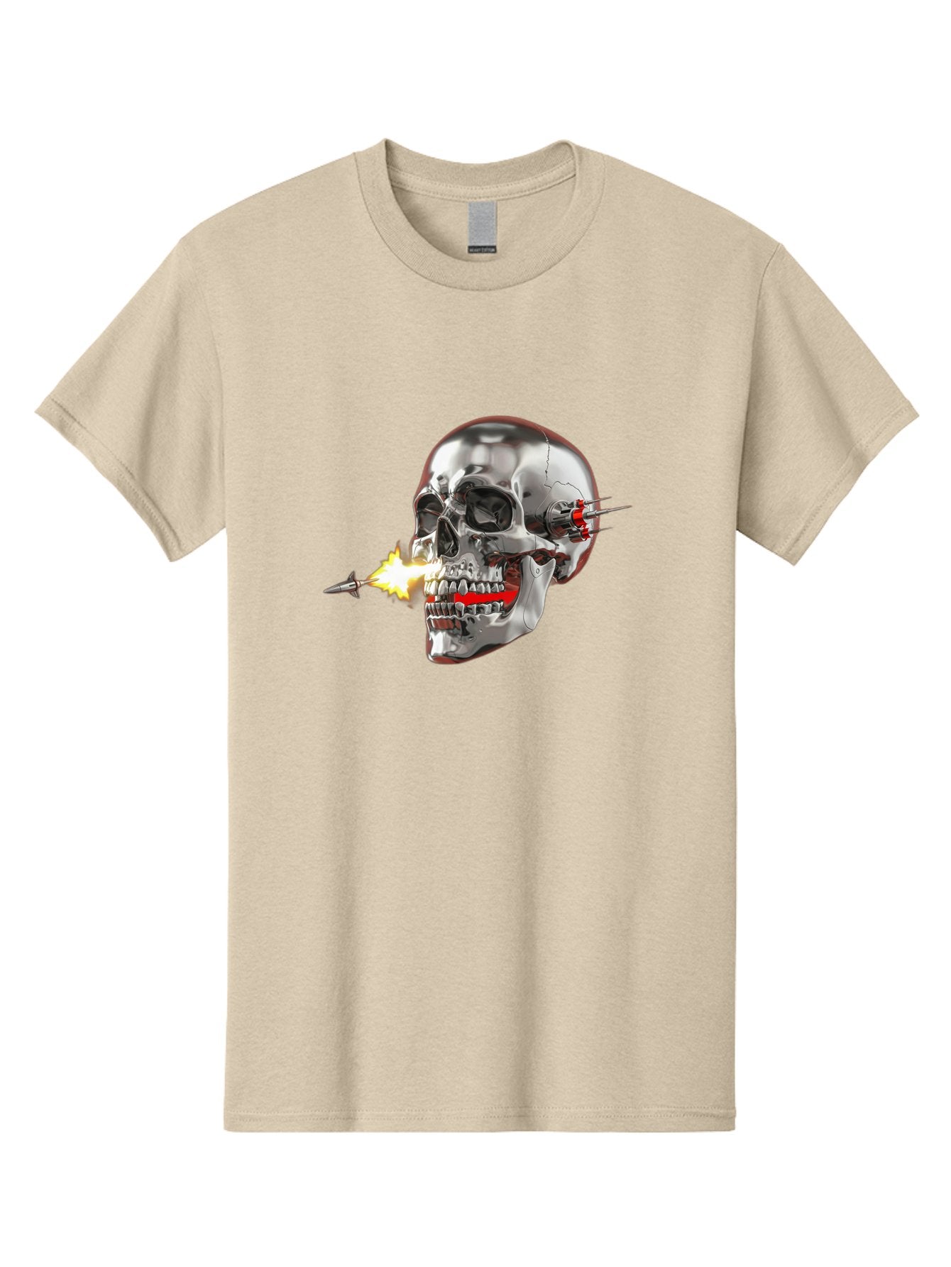 Metal-Skull Men'S Graphic Tee, 100% Cotton, Comfortable Casual Summer Wear, Machine Washable, Metal Skull, Robotic Skull, Futuristic Design, Cybernetic Enhancements, Metallic Finish, Sharp Teeth, Red Accents, Sci-Fi Element, Metal Implants, Bad317 14