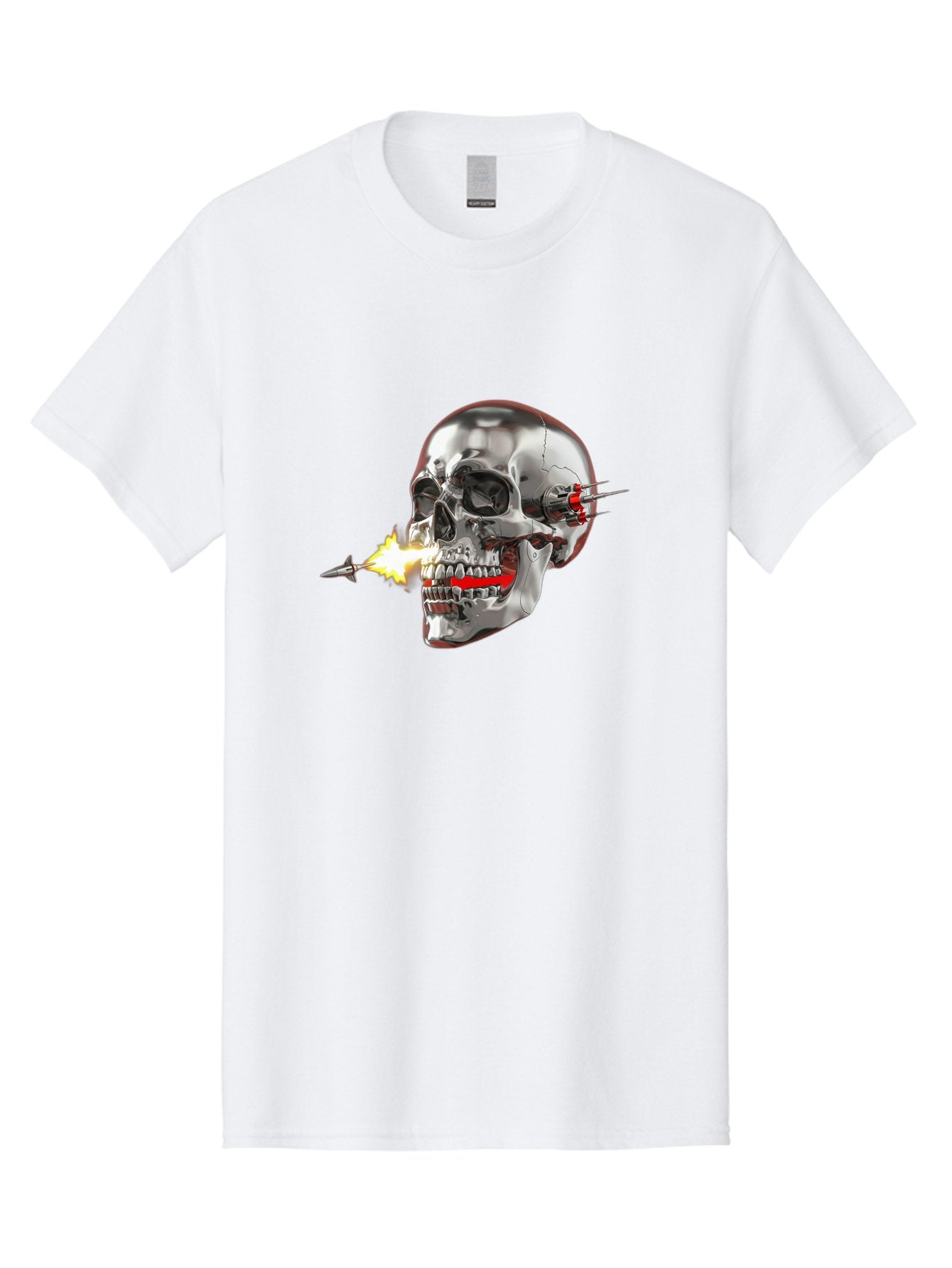 Metal-Skull Men'S Graphic Tee, 100% Cotton, Comfortable Casual Summer Wear, Machine Washable, Metal Skull, Robotic Skull, Futuristic Design, Cybernetic Enhancements, Metallic Finish, Sharp Teeth, Red Accents, Sci-Fi Element, Metal Implants, Bad317 9