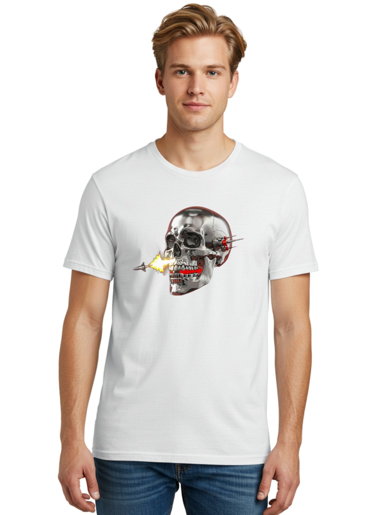 Metal-Skull Men'S Graphic Tee, 100% Cotton, Comfortable Casual Summer Wear, Machine Washable, Metal Skull, Robotic Skull, Futuristic Design, Cybernetic Enhancements, Metallic Finish, Sharp Teeth, Red Accents, Sci-Fi Element, Metal Implants, Bad317 26