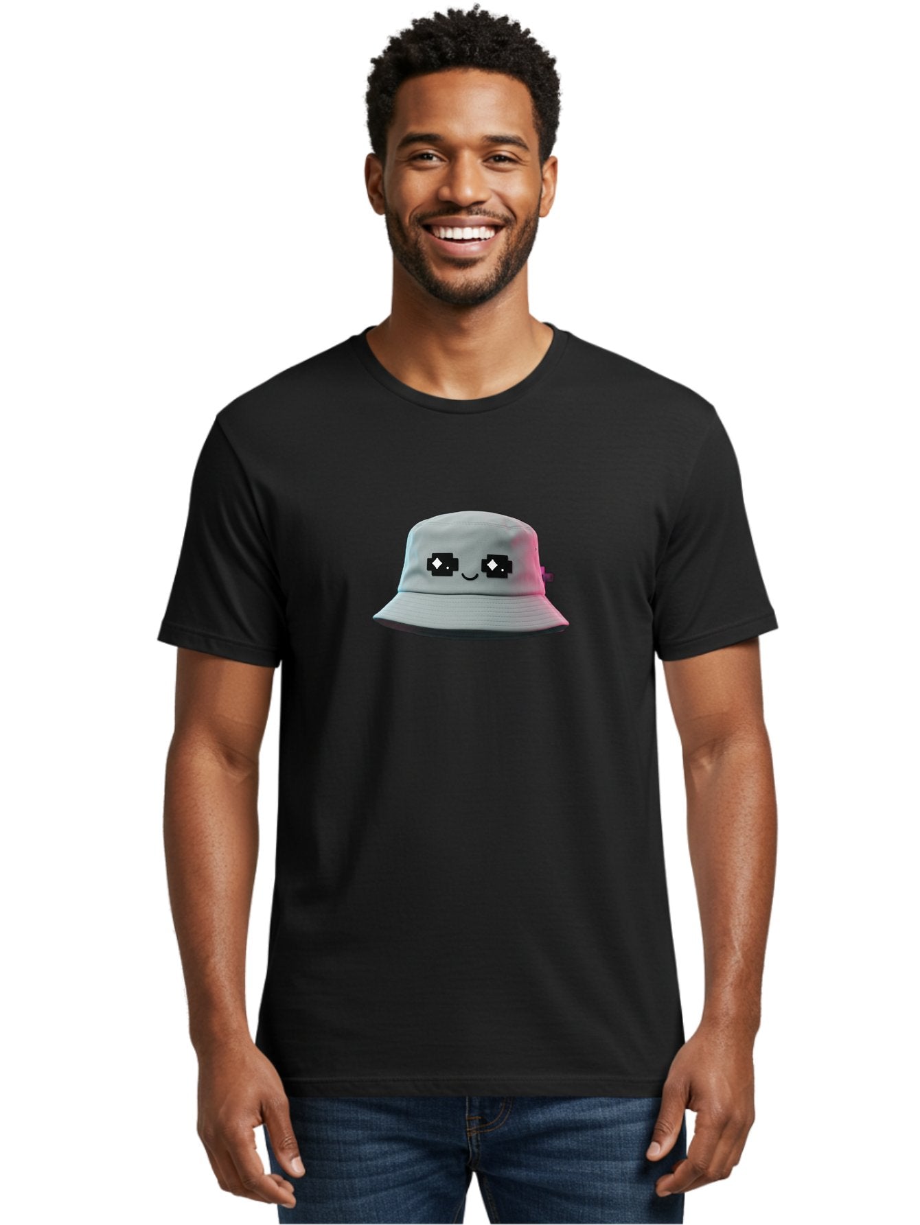 Minecraft-Hat Men'S Graphic Tee, 100% Cotton, Comfortable Casual Summer Wear, Machine Washable, White Bucket Hat, Pixel Art Eyes, Smiling Face, Trendy Accessories, Casual Wear, Fashion Hats, Cartoon Character Bad322 30