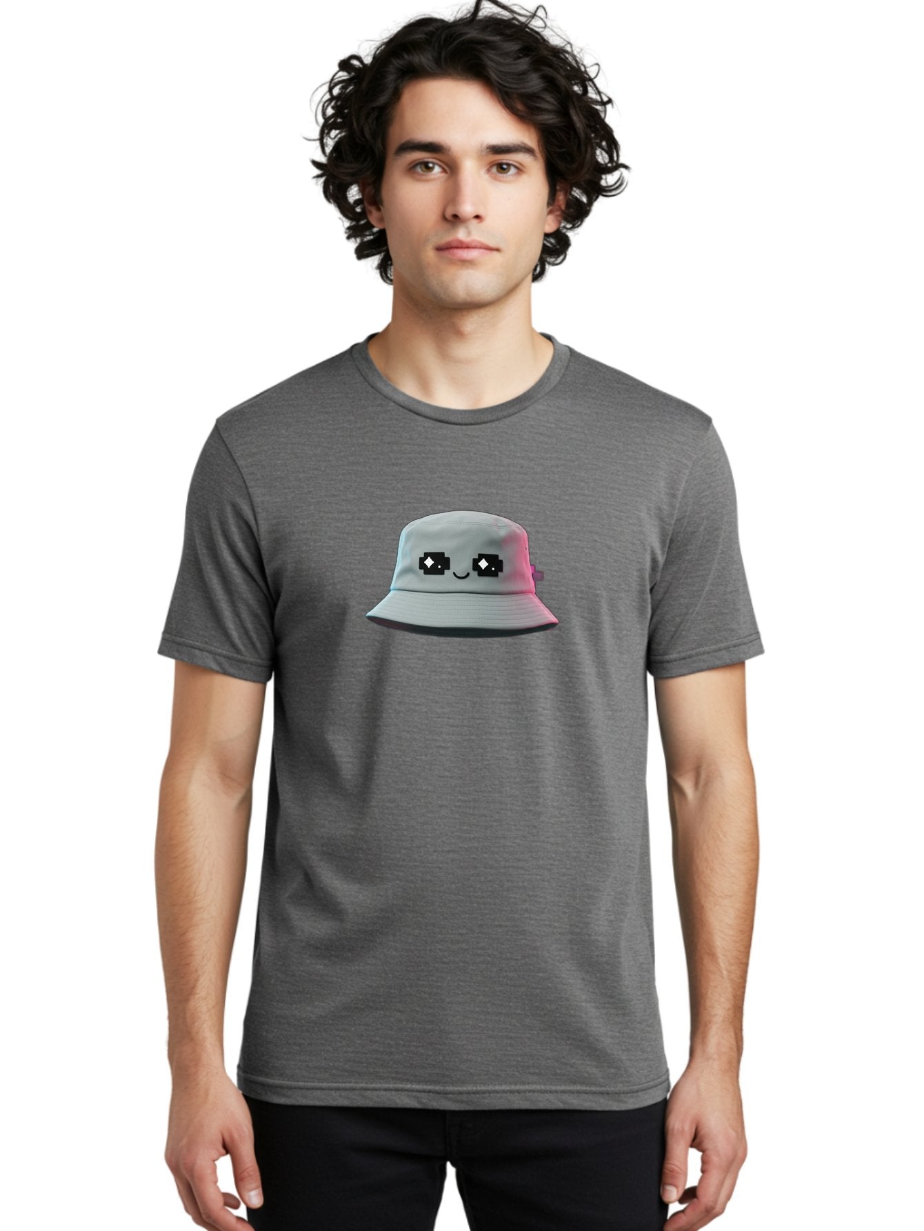 Minecraft-Hat Men'S Graphic Tee, 100% Cotton, Comfortable Casual Summer Wear, Machine Washable, White Bucket Hat, Pixel Art Eyes, Smiling Face, Trendy Accessories, Casual Wear, Fashion Hats, Cartoon Character Bad322 23