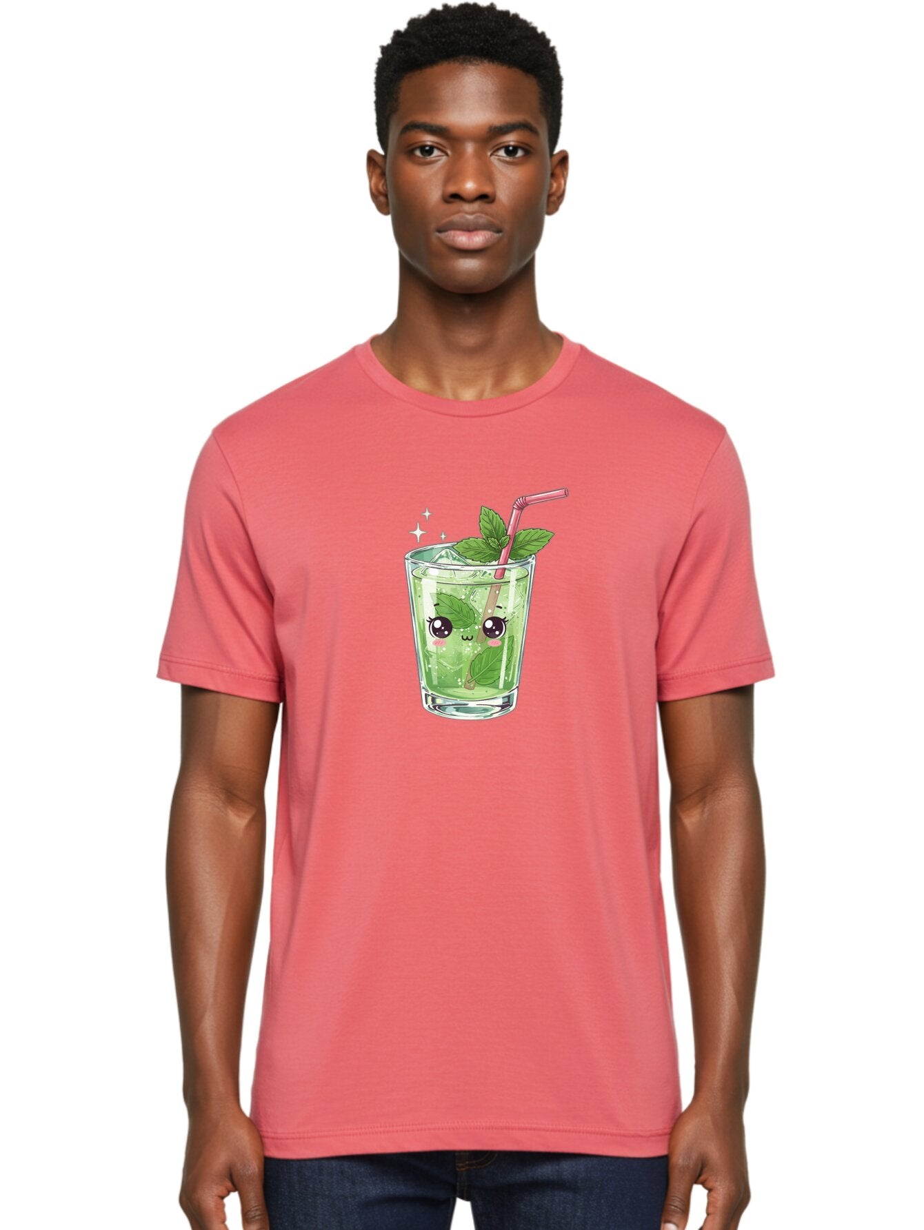 Mint-Drink Men'S Graphic Tee, 100% Cotton, Comfortable Casual Summer Wear, Machine Washable, Mojito Cocktail, Refreshing Drink, Summer Beverage, Mint Leaves, Cute Cartoon Character, Sparkle, Pink Straw, Cool Drink, Trendy Bad323 26