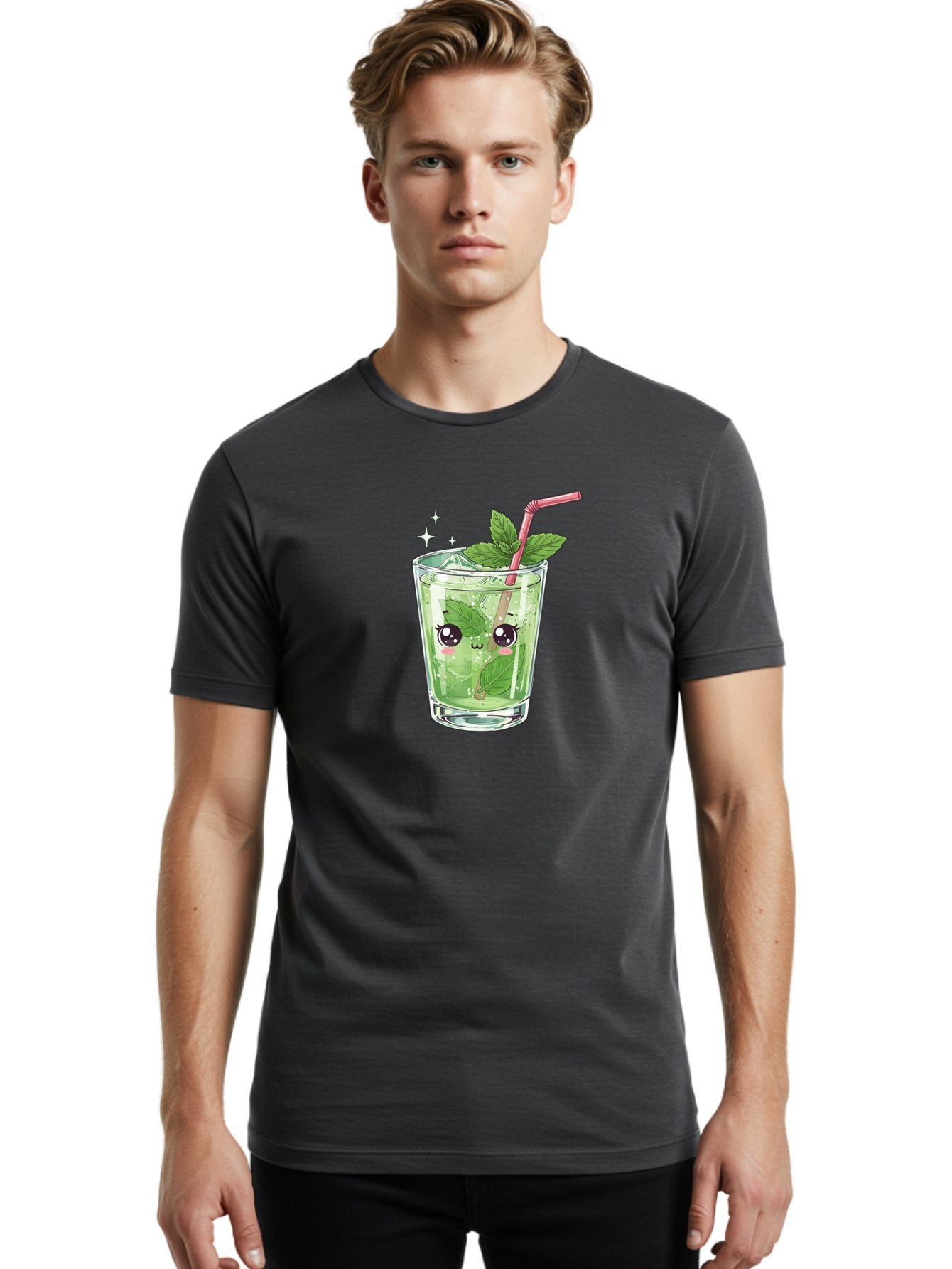 Mint-Drink Men'S Graphic Tee, 100% Cotton, Comfortable Casual Summer Wear, Machine Washable, Mojito Cocktail, Refreshing Drink, Summer Beverage, Mint Leaves, Cute Cartoon Character, Sparkle, Pink Straw, Cool Drink, Trendy Bad323 19