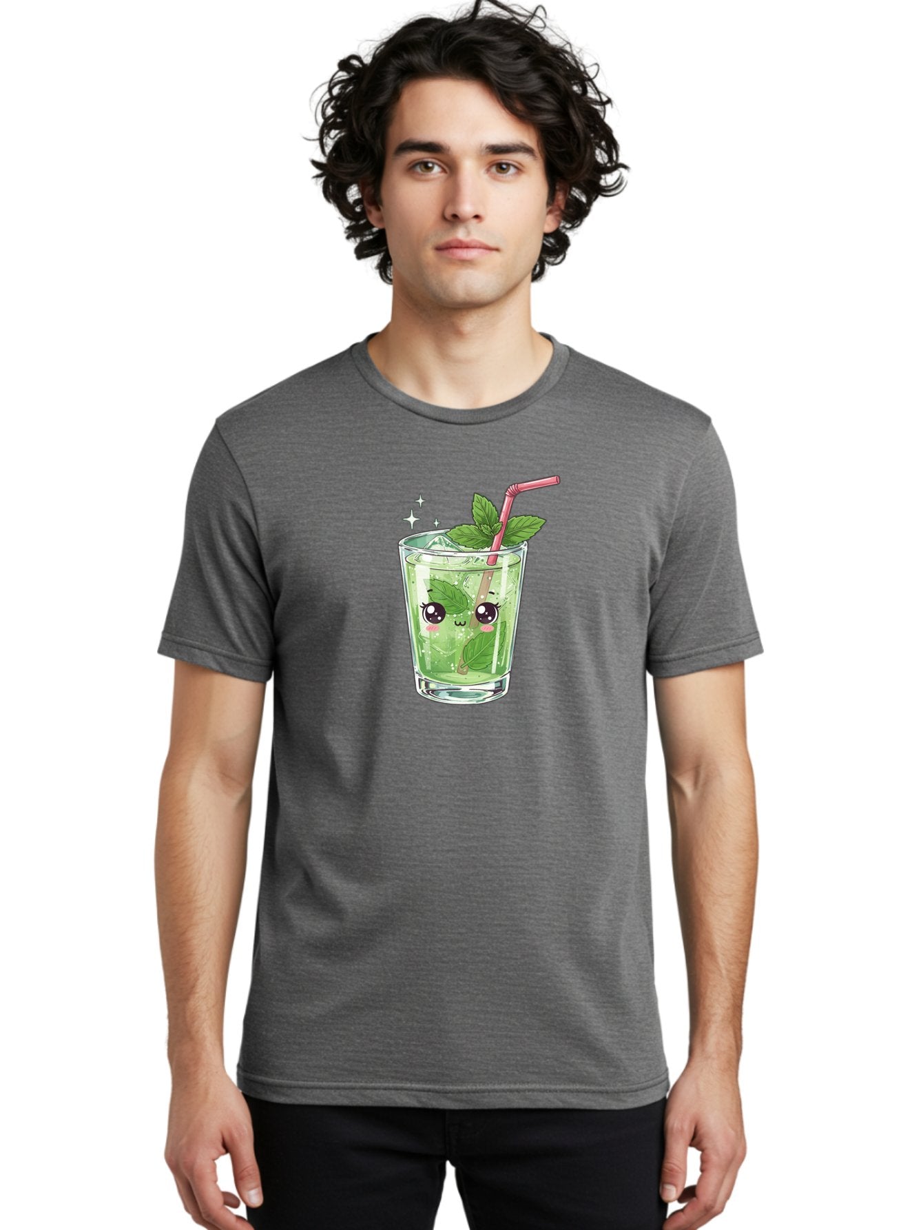 Mint-Drink Men'S Graphic Tee, 100% Cotton, Comfortable Casual Summer Wear, Machine Washable, Mojito Cocktail, Refreshing Drink, Summer Beverage, Mint Leaves, Cute Cartoon Character, Sparkle, Pink Straw, Cool Drink, Trendy Bad323 17