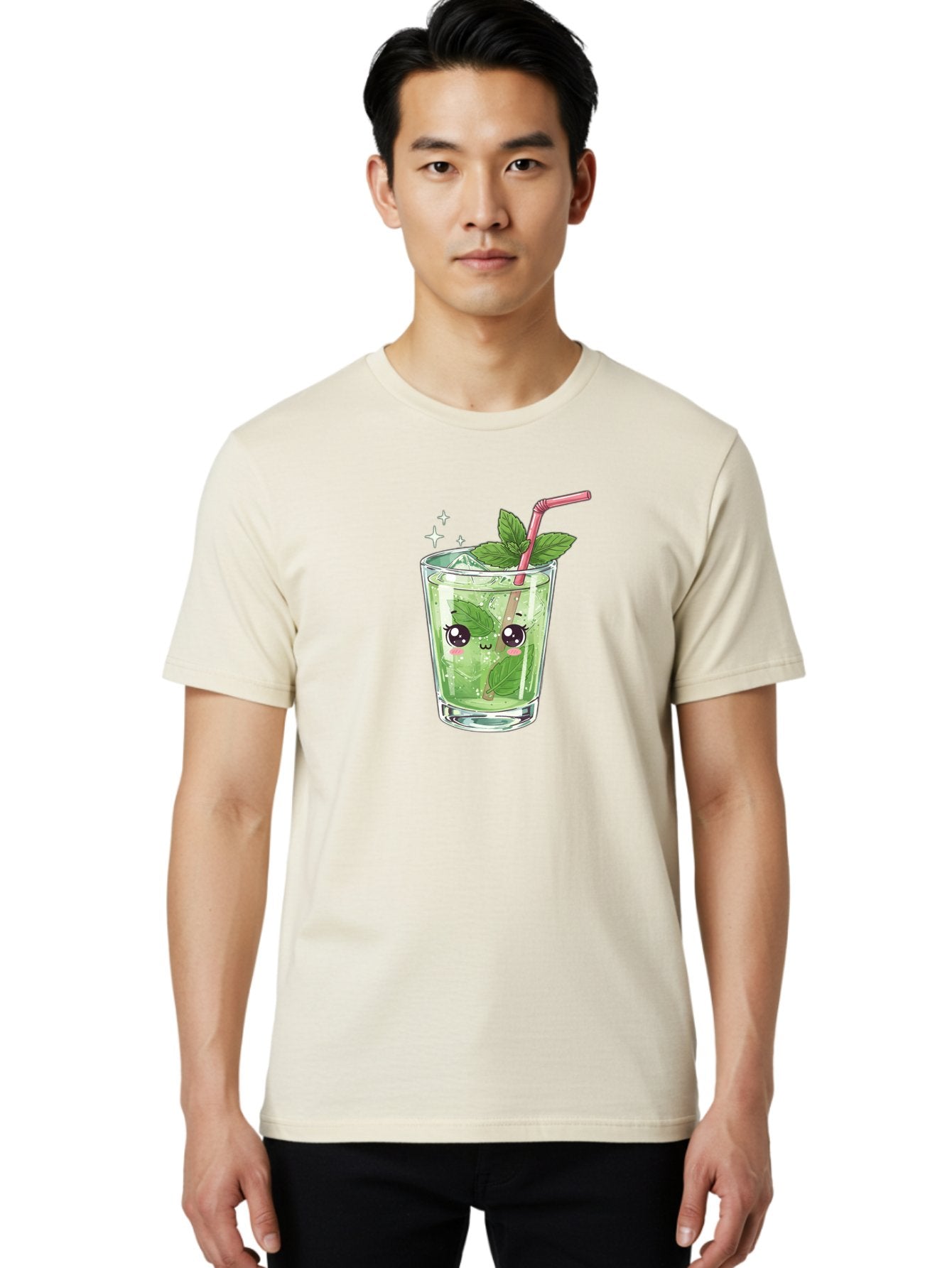 Mint-Drink Men'S Graphic Tee, 100% Cotton, Comfortable Casual Summer Wear, Machine Washable, Mojito Cocktail, Refreshing Drink, Summer Beverage, Mint Leaves, Cute Cartoon Character, Sparkle, Pink Straw, Cool Drink, Trendy Bad323 22