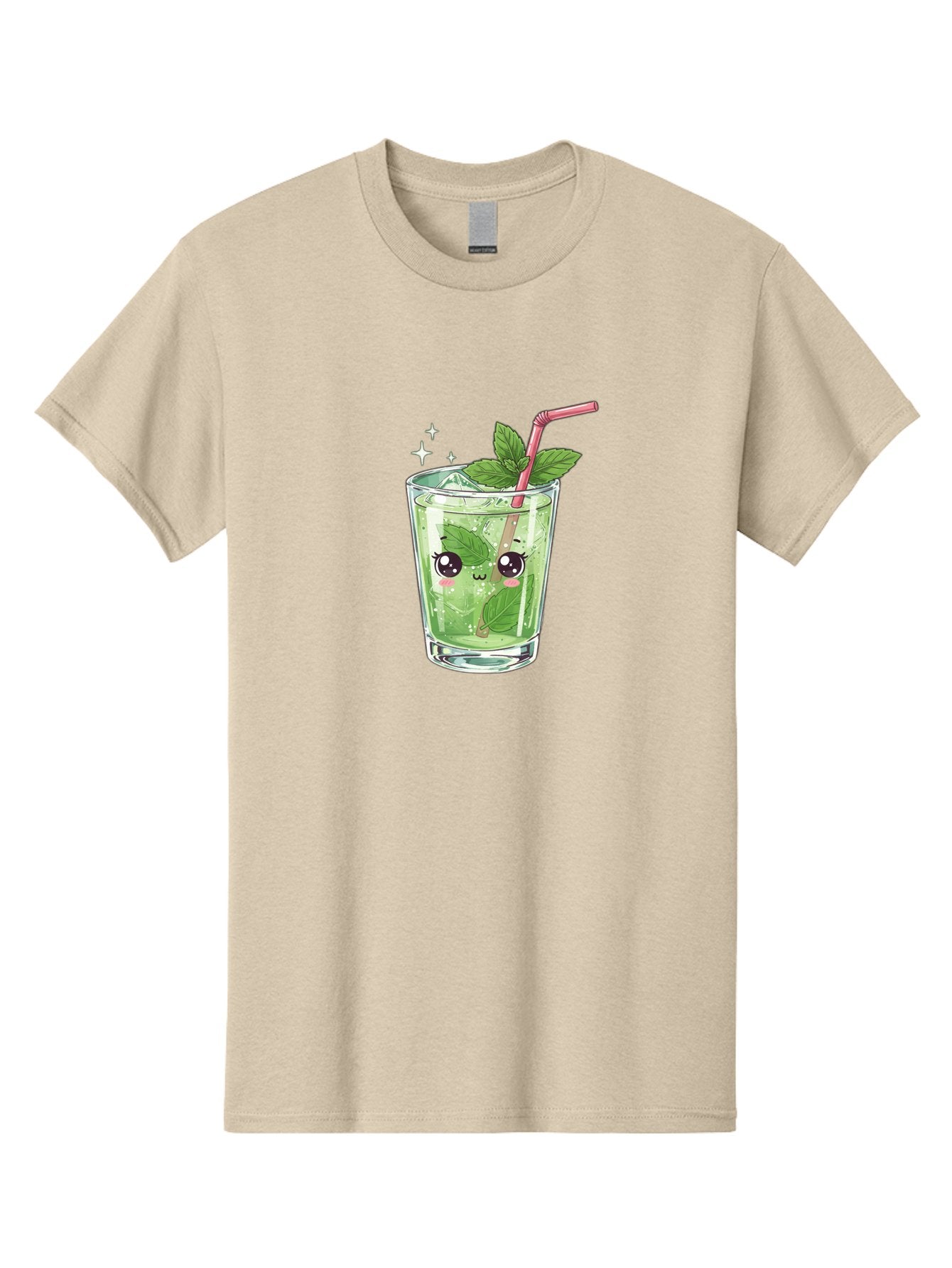 Mint-Drink Men'S Graphic Tee, 100% Cotton, Comfortable Casual Summer Wear, Machine Washable, Mojito Cocktail, Refreshing Drink, Summer Beverage, Mint Leaves, Cute Cartoon Character, Sparkle, Pink Straw, Cool Drink, Trendy Bad323 5