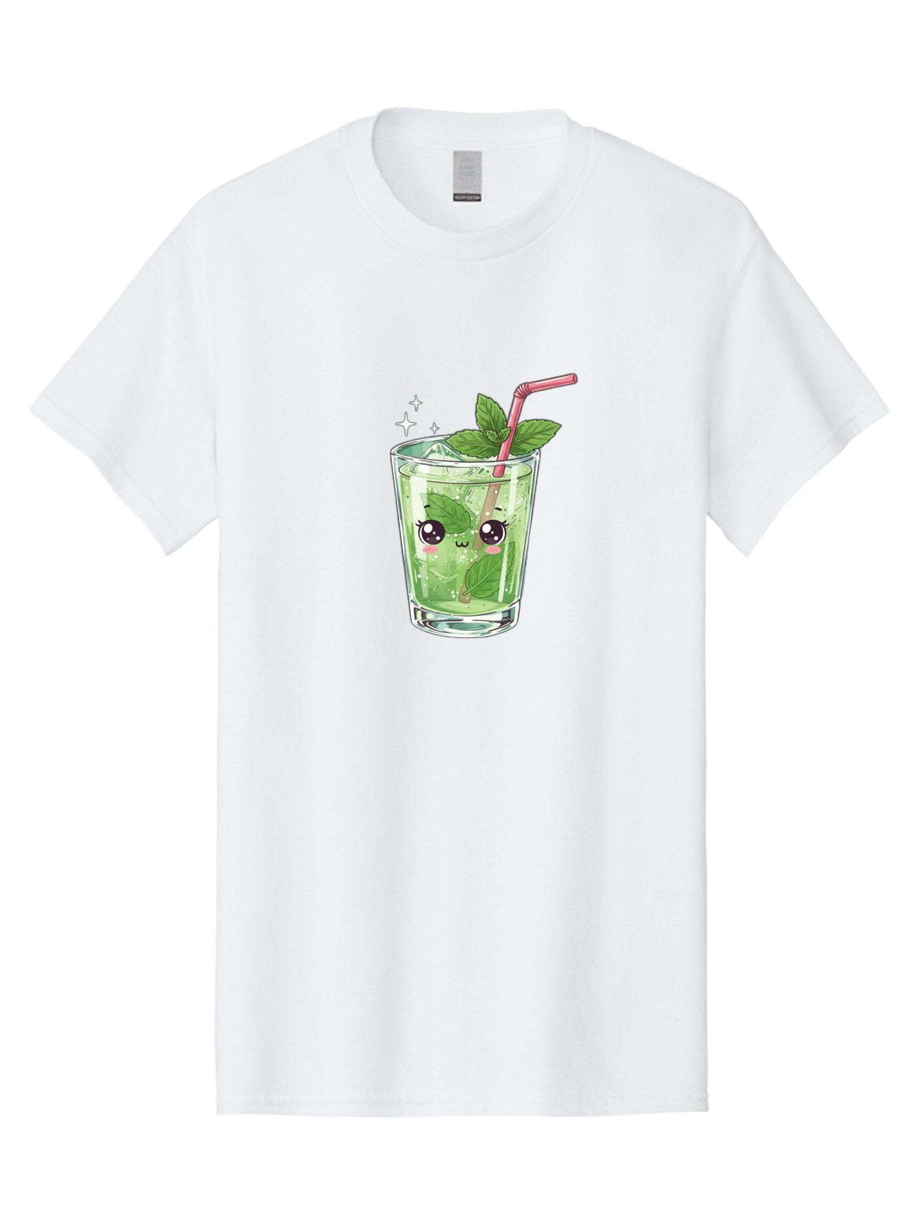 Mint-Drink Men'S Graphic Tee, 100% Cotton, Comfortable Casual Summer Wear, Machine Washable, Mojito Cocktail, Refreshing Drink, Summer Beverage, Mint Leaves, Cute Cartoon Character, Sparkle, Pink Straw, Cool Drink, Trendy Bad323