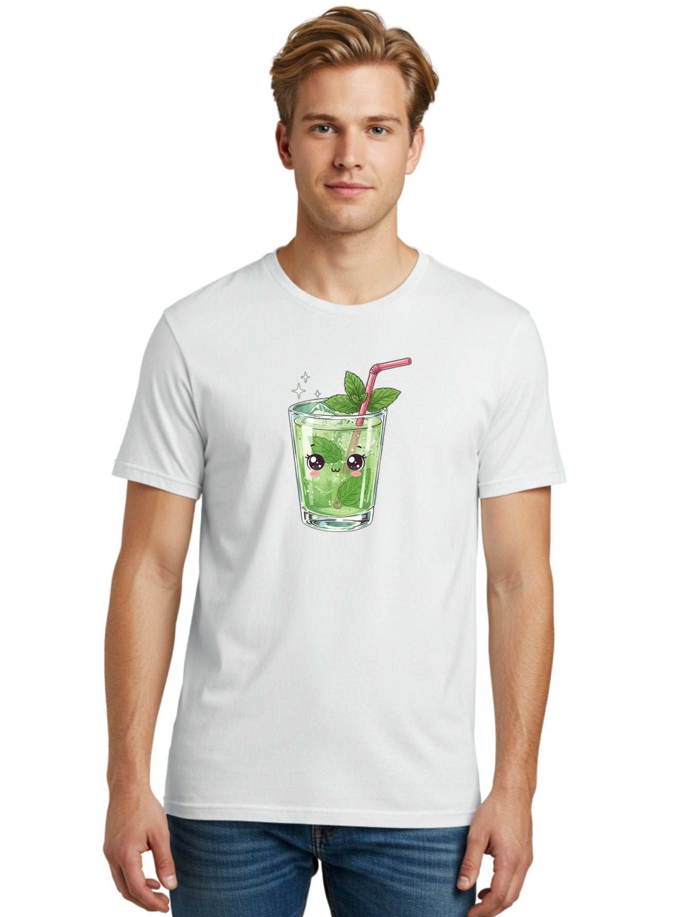 Mint-Drink Men'S Graphic Tee, 100% Cotton, Comfortable Casual Summer Wear, Machine Washable, Mojito Cocktail, Refreshing Drink, Summer Beverage, Mint Leaves, Cute Cartoon Character, Sparkle, Pink Straw, Cool Drink, Trendy Bad323 21