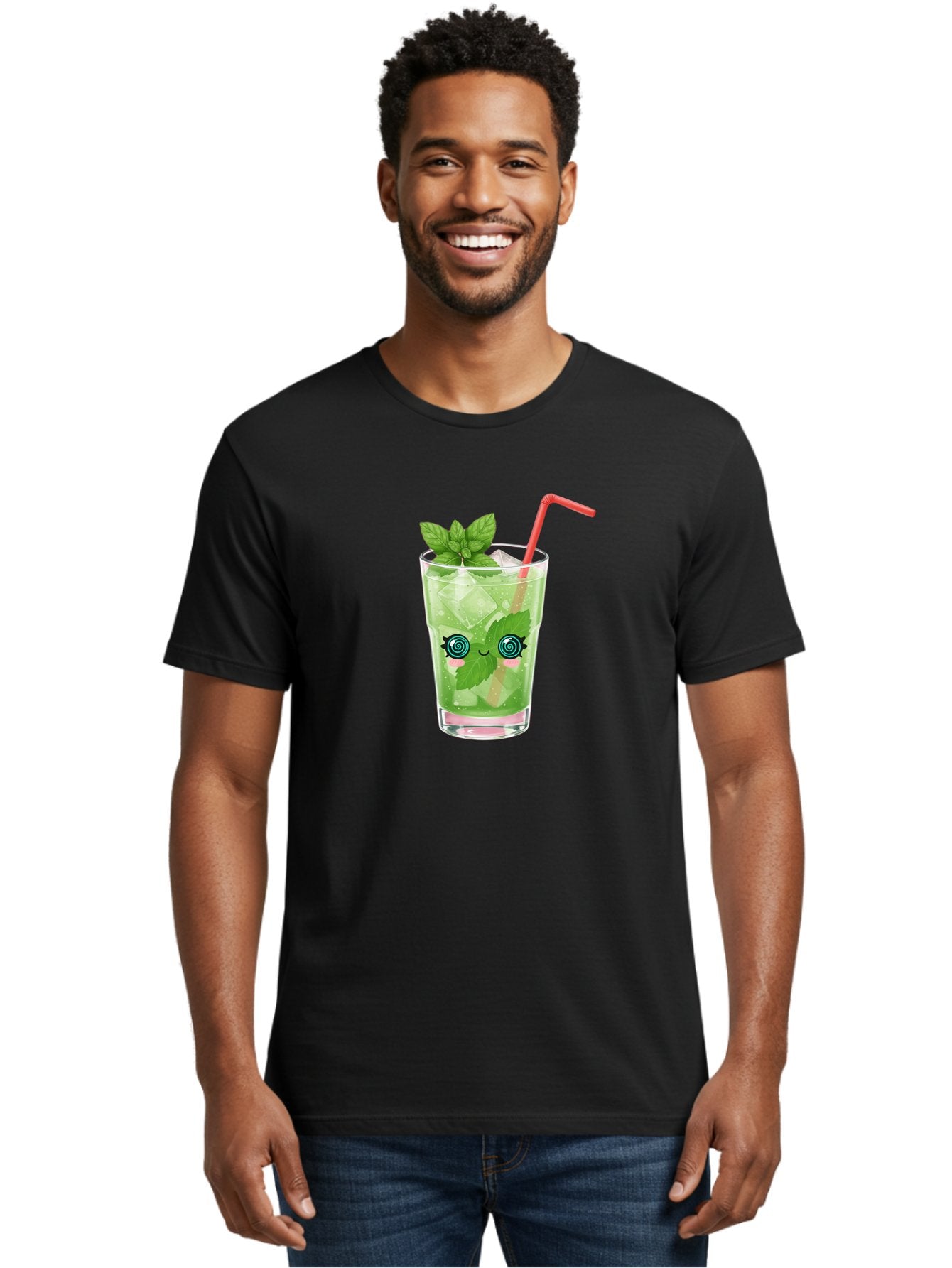 Minty-Cocktail-1 Men'S Graphic Tee, 100% Cotton, Comfortable Casual Summer Wear, Machine Washable, Refreshing Mojito Cocktail, Cartoon Face On Glass, Mint Leaves, Ice Cubes, Pink Straw, Whimsical Design, Fun Drink, Summer Beverage, Bad324 20