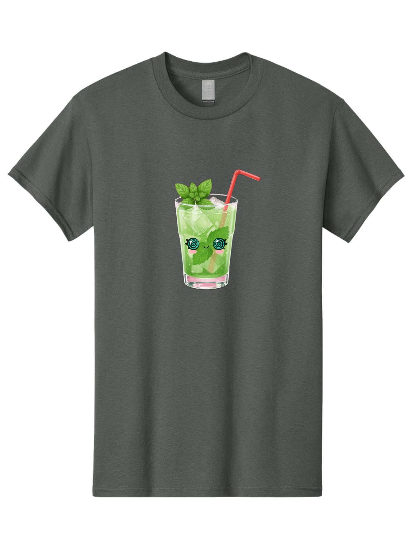 Minty-Cocktail-1 Men'S Graphic Tee, 100% Cotton, Comfortable Casual Summer Wear, Machine Washable, Refreshing Mojito Cocktail, Cartoon Face On Glass, Mint Leaves, Ice Cubes, Pink Straw, Whimsical Design, Fun Drink, Summer Beverage, Bad324 6