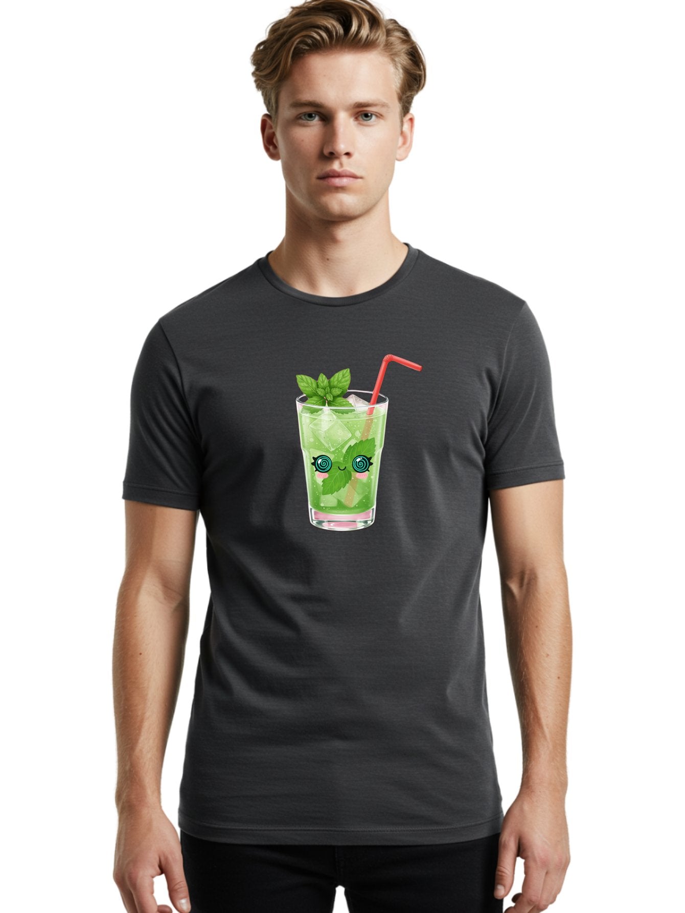 Minty-Cocktail-1 Men'S Graphic Tee, 100% Cotton, Comfortable Casual Summer Wear, Machine Washable, Refreshing Mojito Cocktail, Cartoon Face On Glass, Mint Leaves, Ice Cubes, Pink Straw, Whimsical Design, Fun Drink, Summer Beverage, Bad324 17