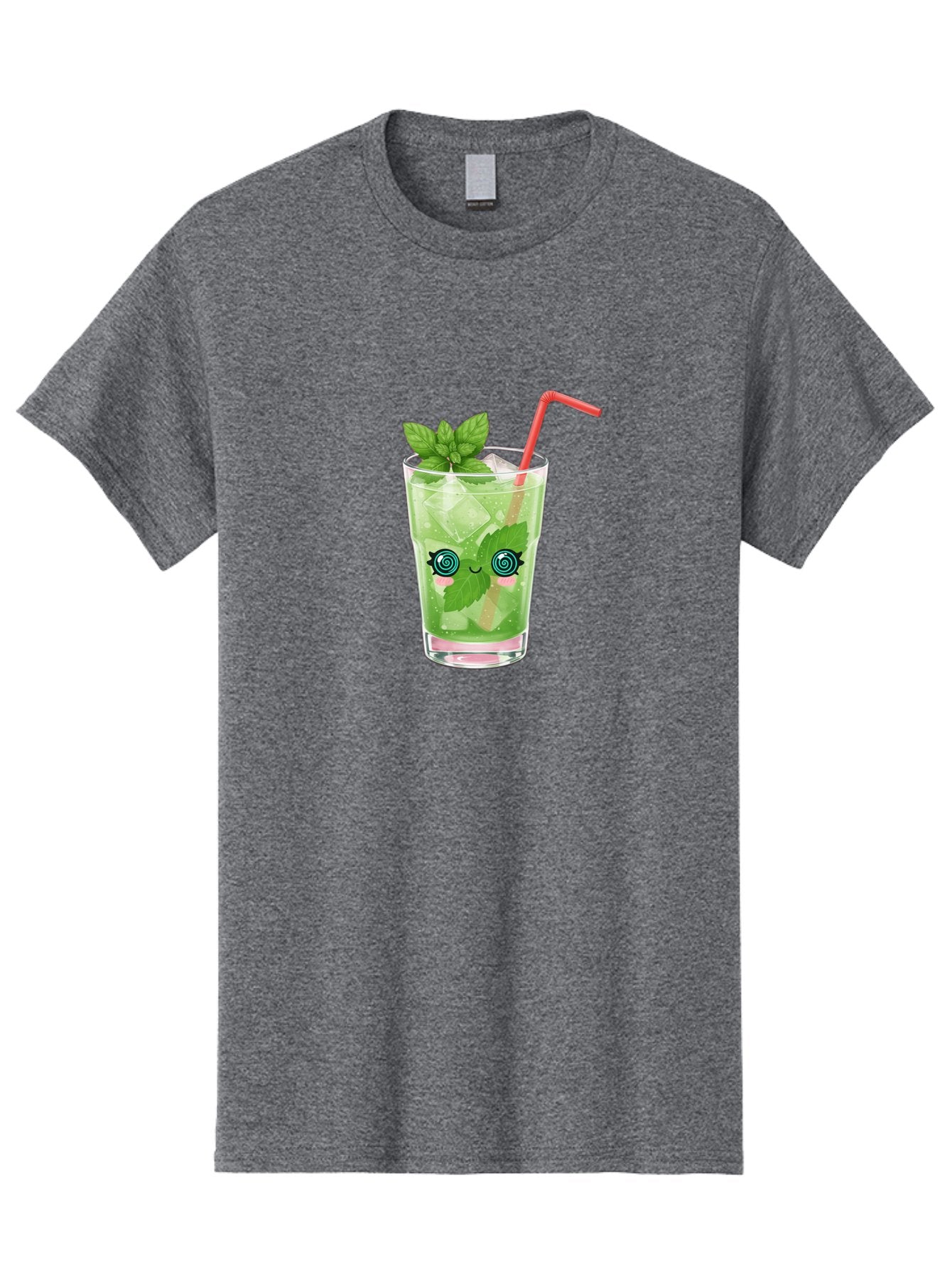 Minty-Cocktail-1 Men'S Graphic Tee, 100% Cotton, Comfortable Casual Summer Wear, Machine Washable, Refreshing Mojito Cocktail, Cartoon Face On Glass, Mint Leaves, Ice Cubes, Pink Straw, Whimsical Design, Fun Drink, Summer Beverage, Bad324 9