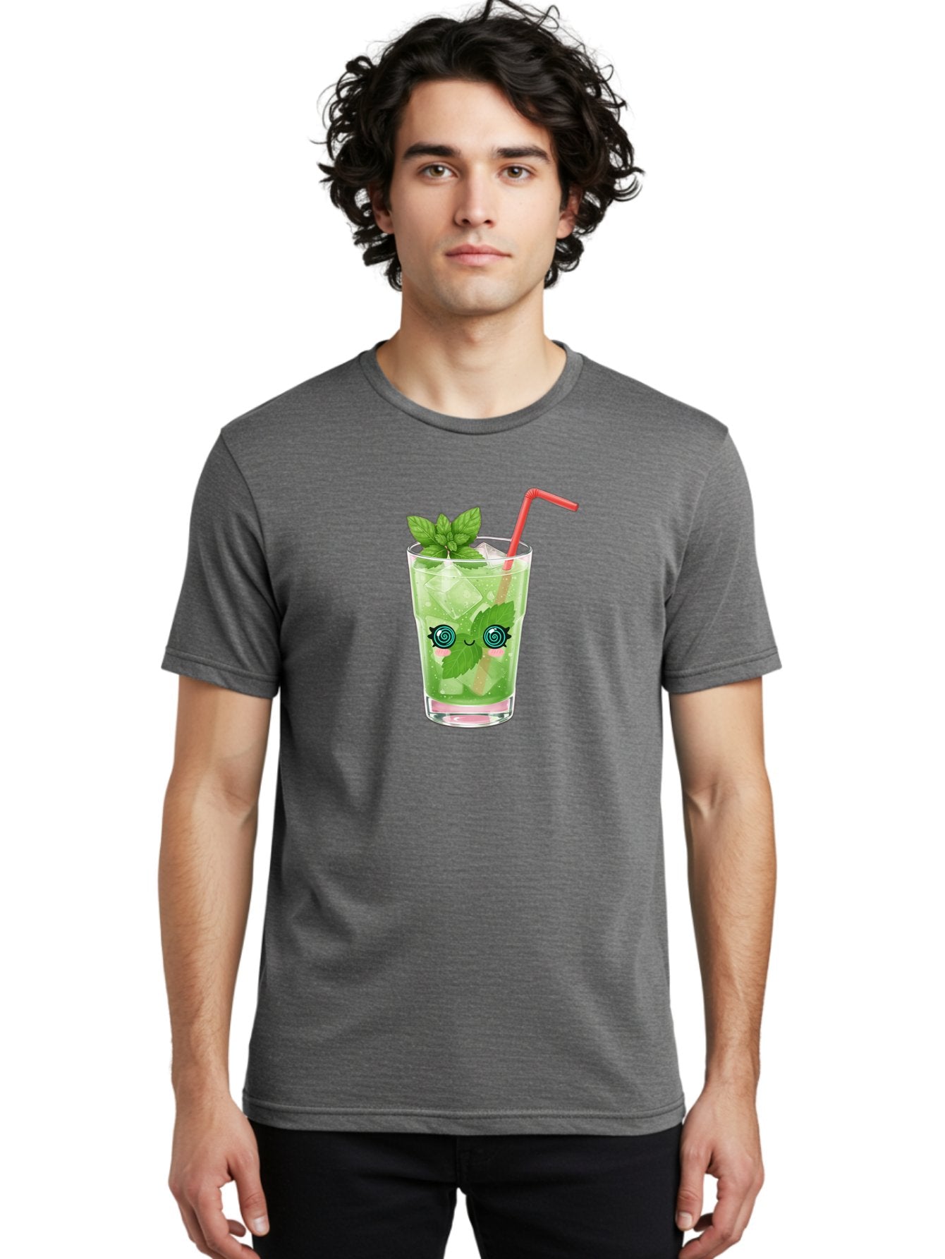 Minty-Cocktail-1 Men'S Graphic Tee, 100% Cotton, Comfortable Casual Summer Wear, Machine Washable, Refreshing Mojito Cocktail, Cartoon Face On Glass, Mint Leaves, Ice Cubes, Pink Straw, Whimsical Design, Fun Drink, Summer Beverage, Bad324 26