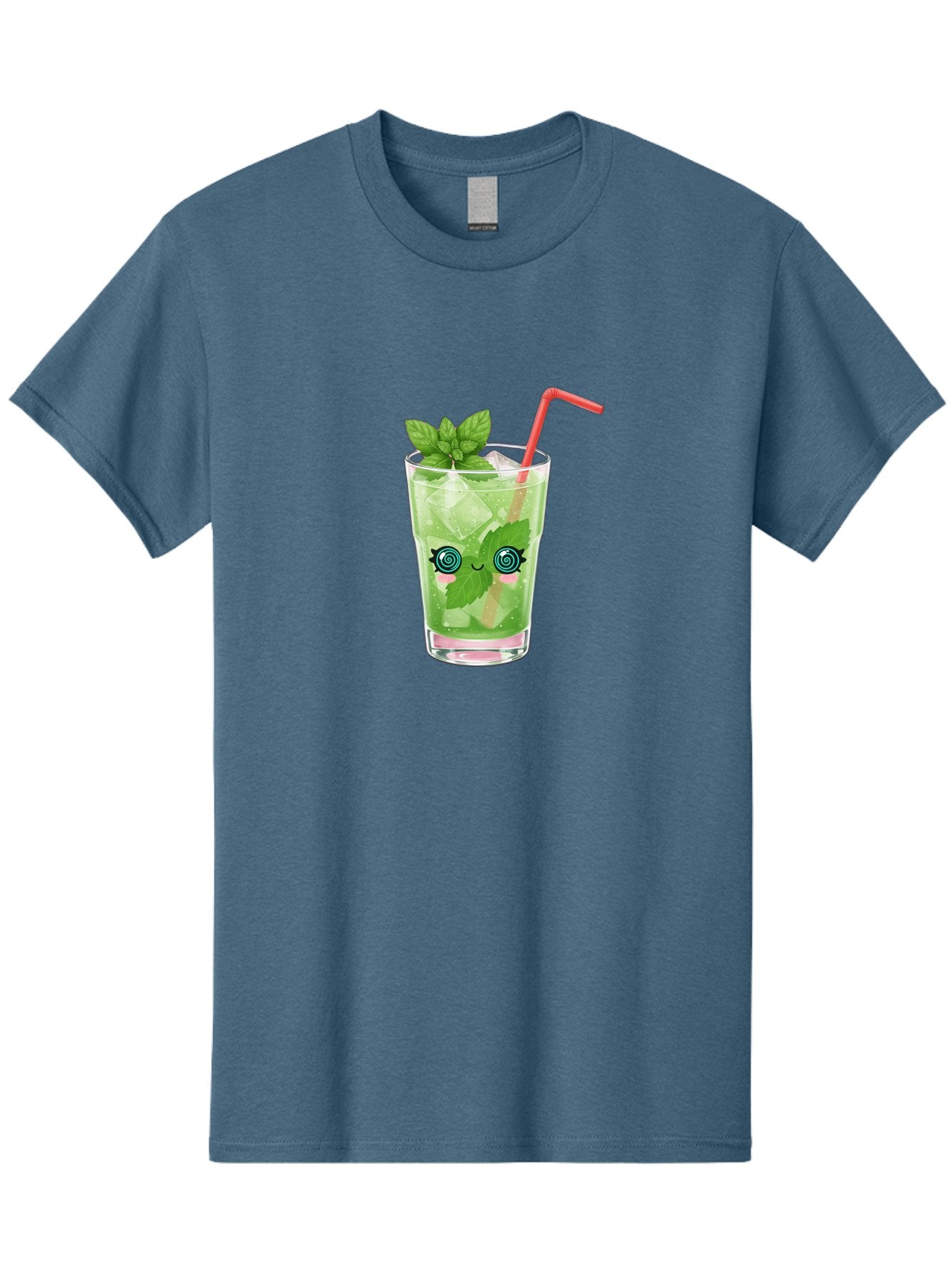 Minty-Cocktail-1 Men'S Graphic Tee, 100% Cotton, Comfortable Casual Summer Wear, Machine Washable, Refreshing Mojito Cocktail, Cartoon Face On Glass, Mint Leaves, Ice Cubes, Pink Straw, Whimsical Design, Fun Drink, Summer Beverage, Bad324 8