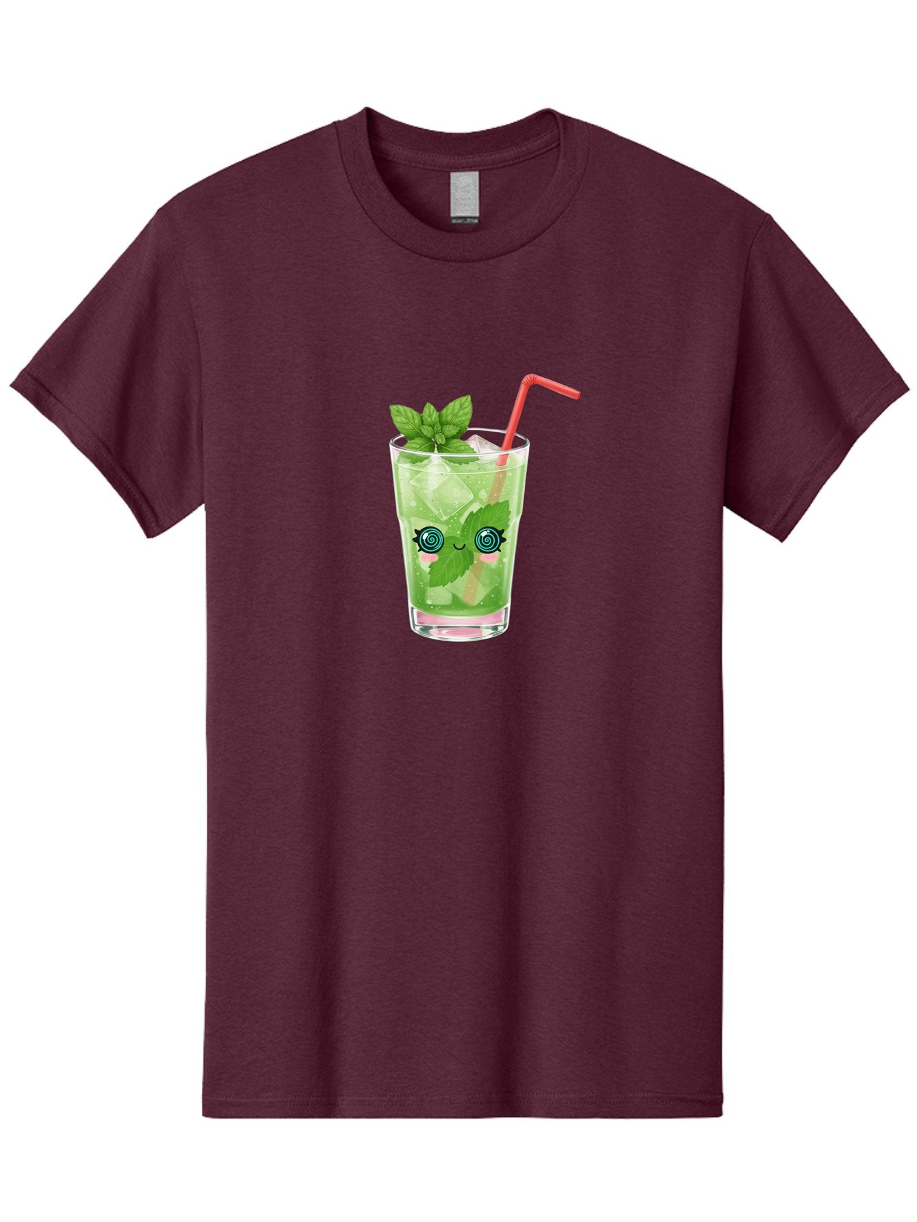 Minty-Cocktail-1 Men'S Graphic Tee, 100% Cotton, Comfortable Casual Summer Wear, Machine Washable, Refreshing Mojito Cocktail, Cartoon Face On Glass, Mint Leaves, Ice Cubes, Pink Straw, Whimsical Design, Fun Drink, Summer Beverage, Bad324 11