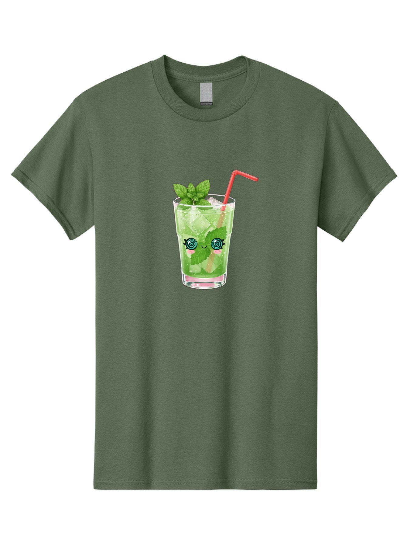 Minty-Cocktail-1 Men'S Graphic Tee, 100% Cotton, Comfortable Casual Summer Wear, Machine Washable, Refreshing Mojito Cocktail, Cartoon Face On Glass, Mint Leaves, Ice Cubes, Pink Straw, Whimsical Design, Fun Drink, Summer Beverage, Bad324 4