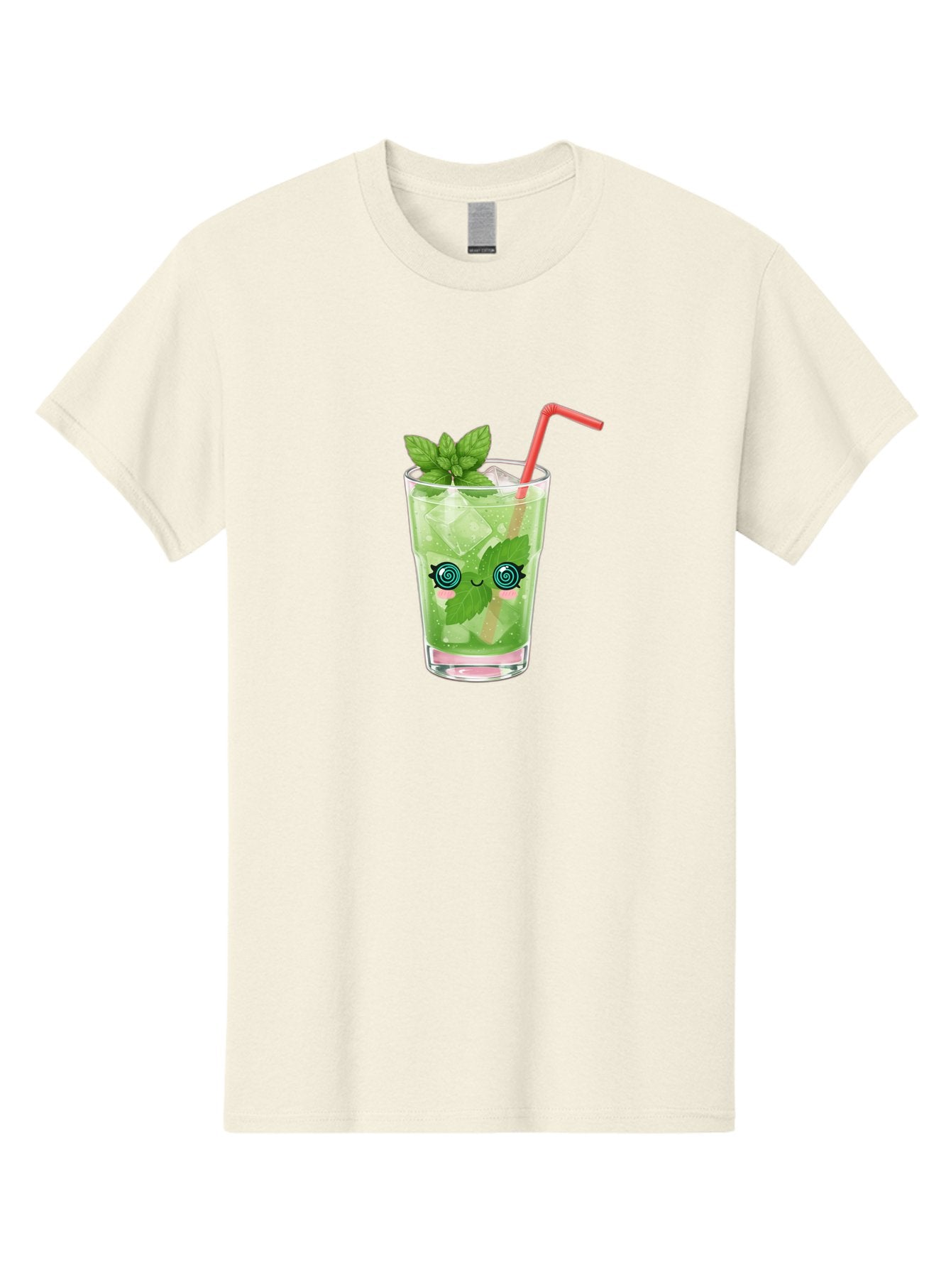 Minty-Cocktail-1 Men'S Graphic Tee, 100% Cotton, Comfortable Casual Summer Wear, Machine Washable, Refreshing Mojito Cocktail, Cartoon Face On Glass, Mint Leaves, Ice Cubes, Pink Straw, Whimsical Design, Fun Drink, Summer Beverage, Bad324