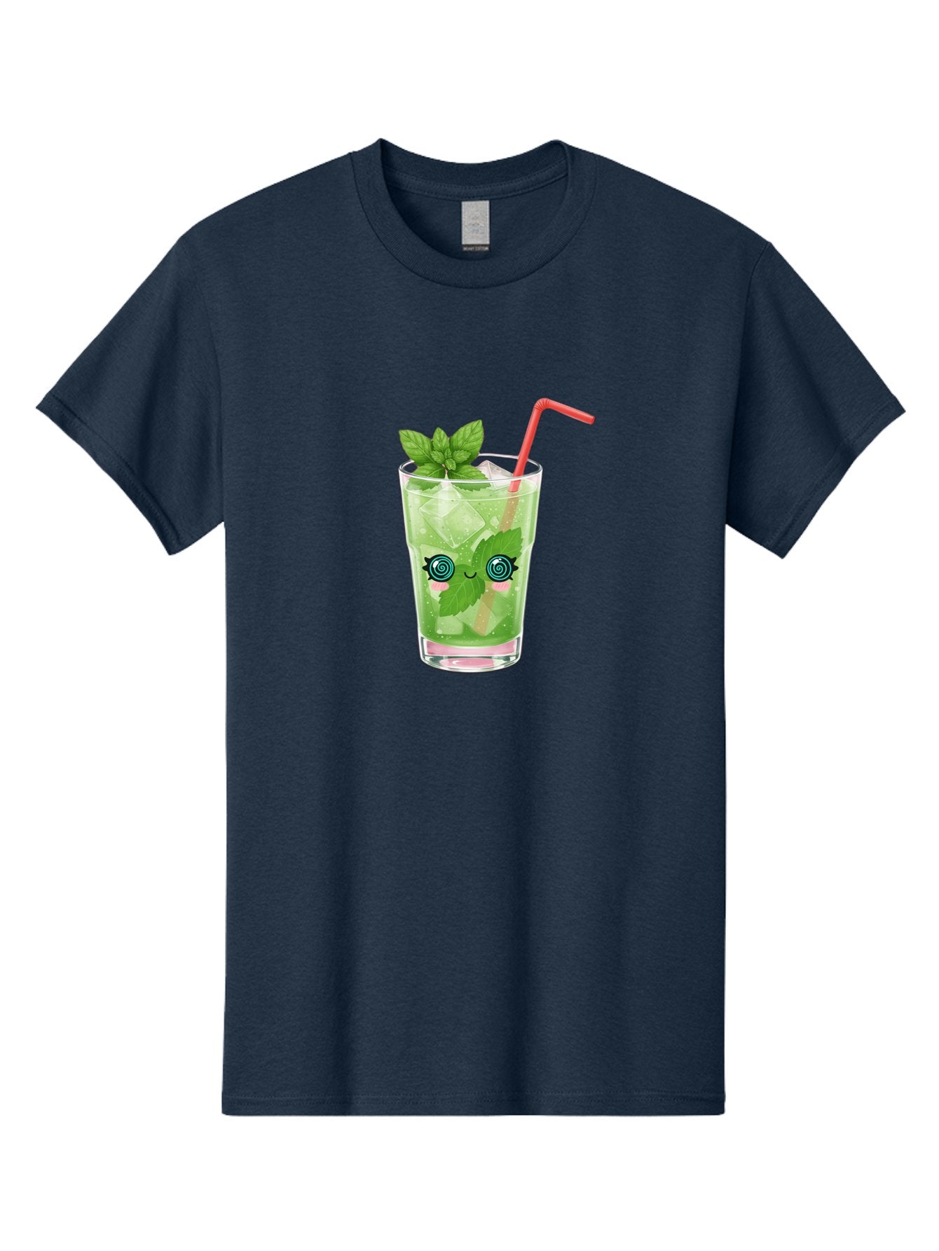 Minty-Cocktail-1 Men'S Graphic Tee, 100% Cotton, Comfortable Casual Summer Wear, Machine Washable, Refreshing Mojito Cocktail, Cartoon Face On Glass, Mint Leaves, Ice Cubes, Pink Straw, Whimsical Design, Fun Drink, Summer Beverage, Bad324 5