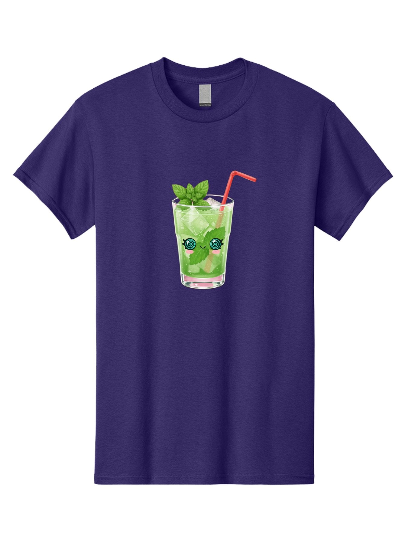 Minty-Cocktail-1 Men'S Graphic Tee, 100% Cotton, Comfortable Casual Summer Wear, Machine Washable, Refreshing Mojito Cocktail, Cartoon Face On Glass, Mint Leaves, Ice Cubes, Pink Straw, Whimsical Design, Fun Drink, Summer Beverage, Bad324