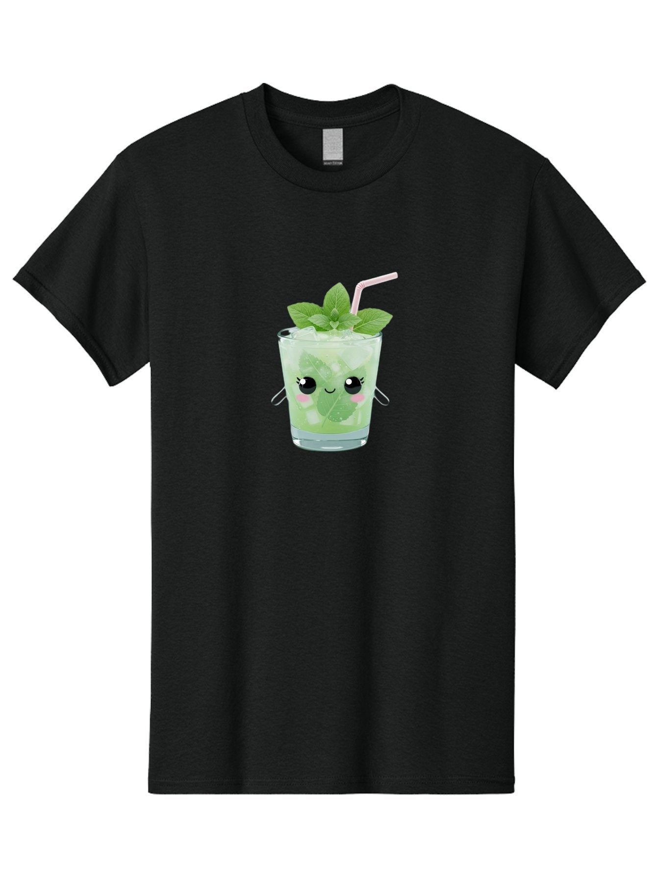 Minty-Cocktail Men'S Graphic Tee, 100% Cotton, Comfortable Casual Summer Wear, Machine Washable, Mint Cocktail, Refreshing Drink, Kawaii Cocktail, Cute Drink, Cartoon Eyes, Mojito, Green Cocktail, Iced Beverage, Straw, Mint Leaves Bad325