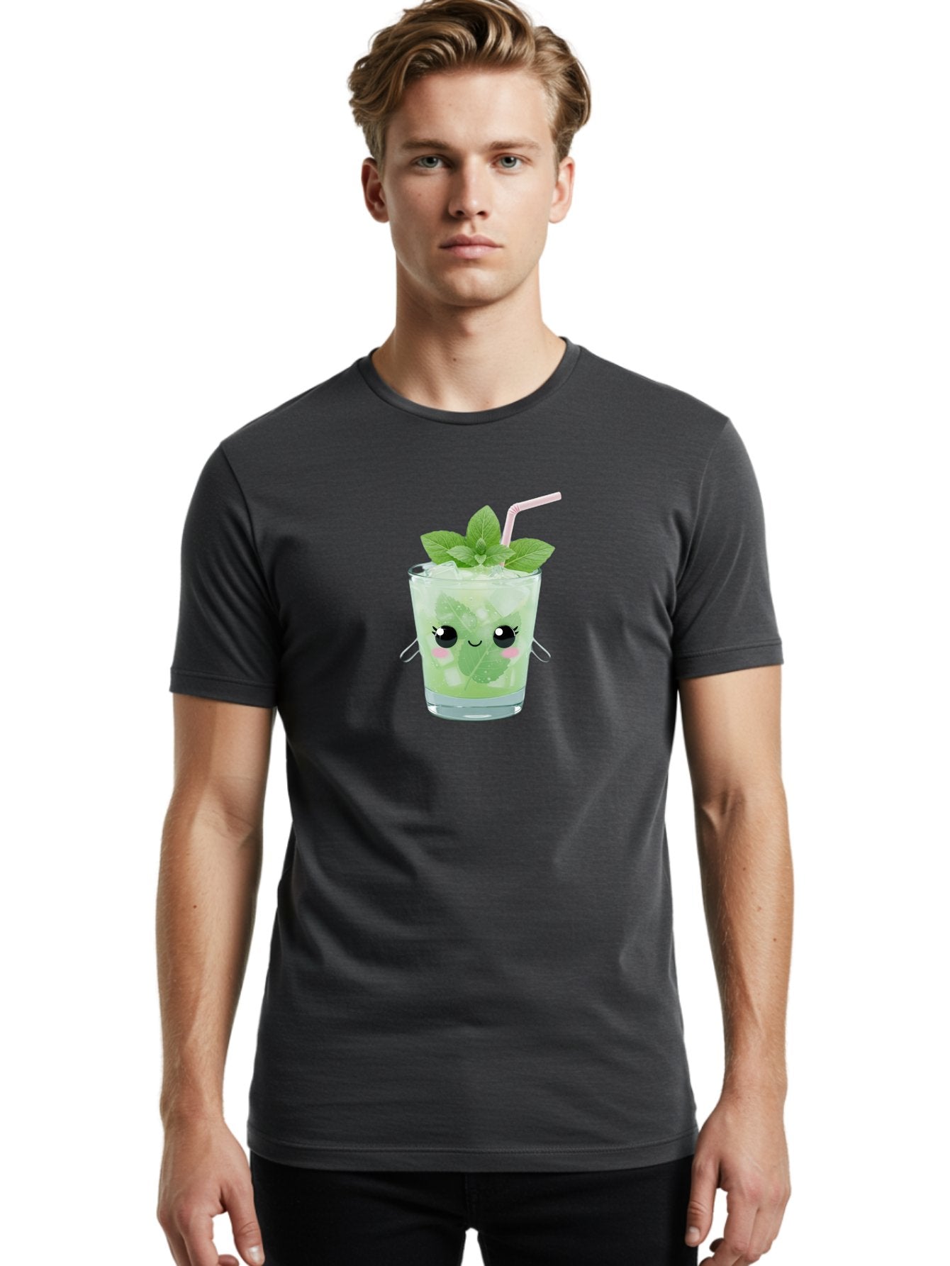 Minty-Cocktail Men'S Graphic Tee, 100% Cotton, Comfortable Casual Summer Wear, Machine Washable, Mint Cocktail, Refreshing Drink, Kawaii Cocktail, Cute Drink, Cartoon Eyes, Mojito, Green Cocktail, Iced Beverage, Straw, Mint Leaves Bad325 25