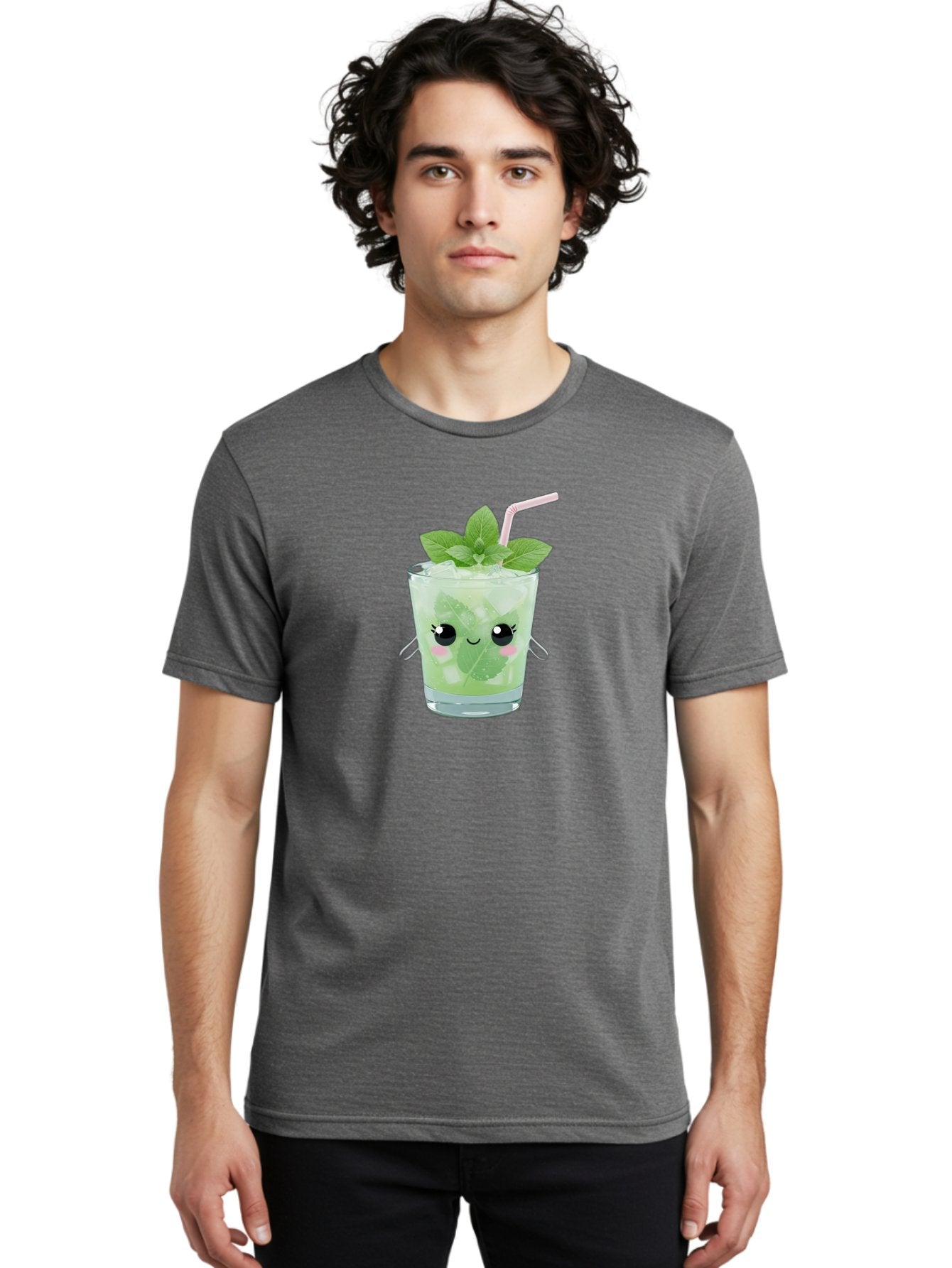 Minty-Cocktail Men'S Graphic Tee, 100% Cotton, Comfortable Casual Summer Wear, Machine Washable, Mint Cocktail, Refreshing Drink, Kawaii Cocktail, Cute Drink, Cartoon Eyes, Mojito, Green Cocktail, Iced Beverage, Straw, Mint Leaves Bad325 20