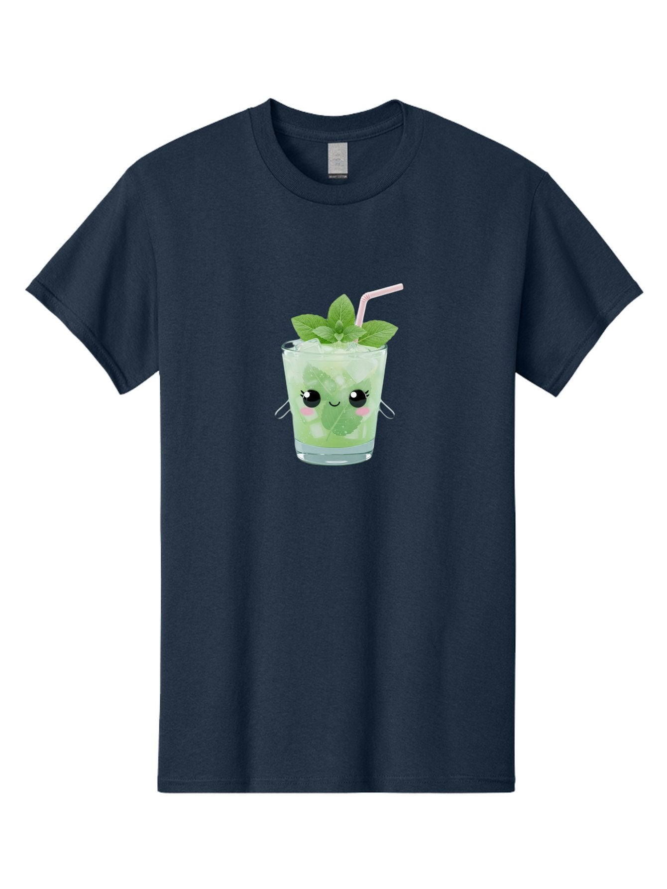 Minty-Cocktail Men'S Graphic Tee, 100% Cotton, Comfortable Casual Summer Wear, Machine Washable, Mint Cocktail, Refreshing Drink, Kawaii Cocktail, Cute Drink, Cartoon Eyes, Mojito, Green Cocktail, Iced Beverage, Straw, Mint Leaves Bad325 7