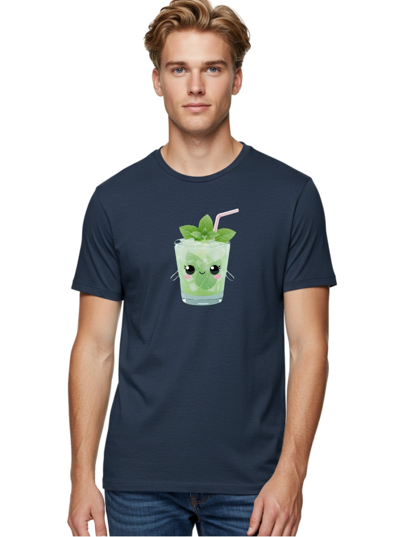 Minty-Cocktail Men'S Graphic Tee, 100% Cotton, Comfortable Casual Summer Wear, Machine Washable, Mint Cocktail, Refreshing Drink, Kawaii Cocktail, Cute Drink, Cartoon Eyes, Mojito, Green Cocktail, Iced Beverage, Straw, Mint Leaves Bad325 16