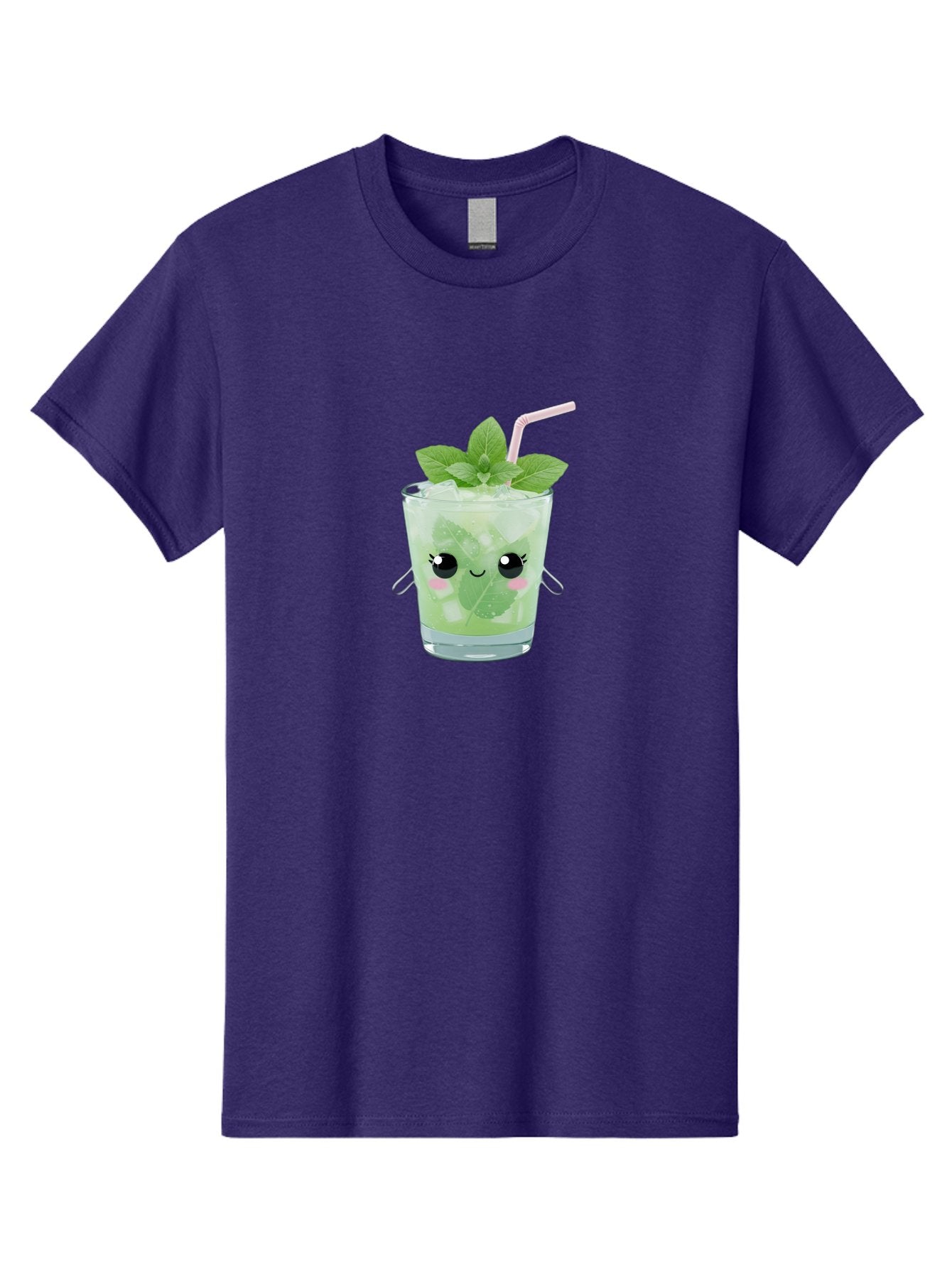 Minty-Cocktail Men'S Graphic Tee, 100% Cotton, Comfortable Casual Summer Wear, Machine Washable, Mint Cocktail, Refreshing Drink, Kawaii Cocktail, Cute Drink, Cartoon Eyes, Mojito, Green Cocktail, Iced Beverage, Straw, Mint Leaves Bad325