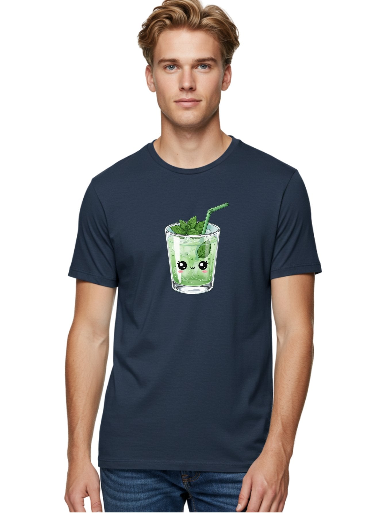 Minty-Drink-1 Men'S Graphic Tee, 100% Cotton, Comfortable Casual Summer Wear, Machine Washable, Refreshing Drink, Mint Leaves, Cute Cartoon Face, Green Straw, Cool Beverage, Iced Drink, Mojito, Summer Refreshment, Fun Illustration, Bad326 23