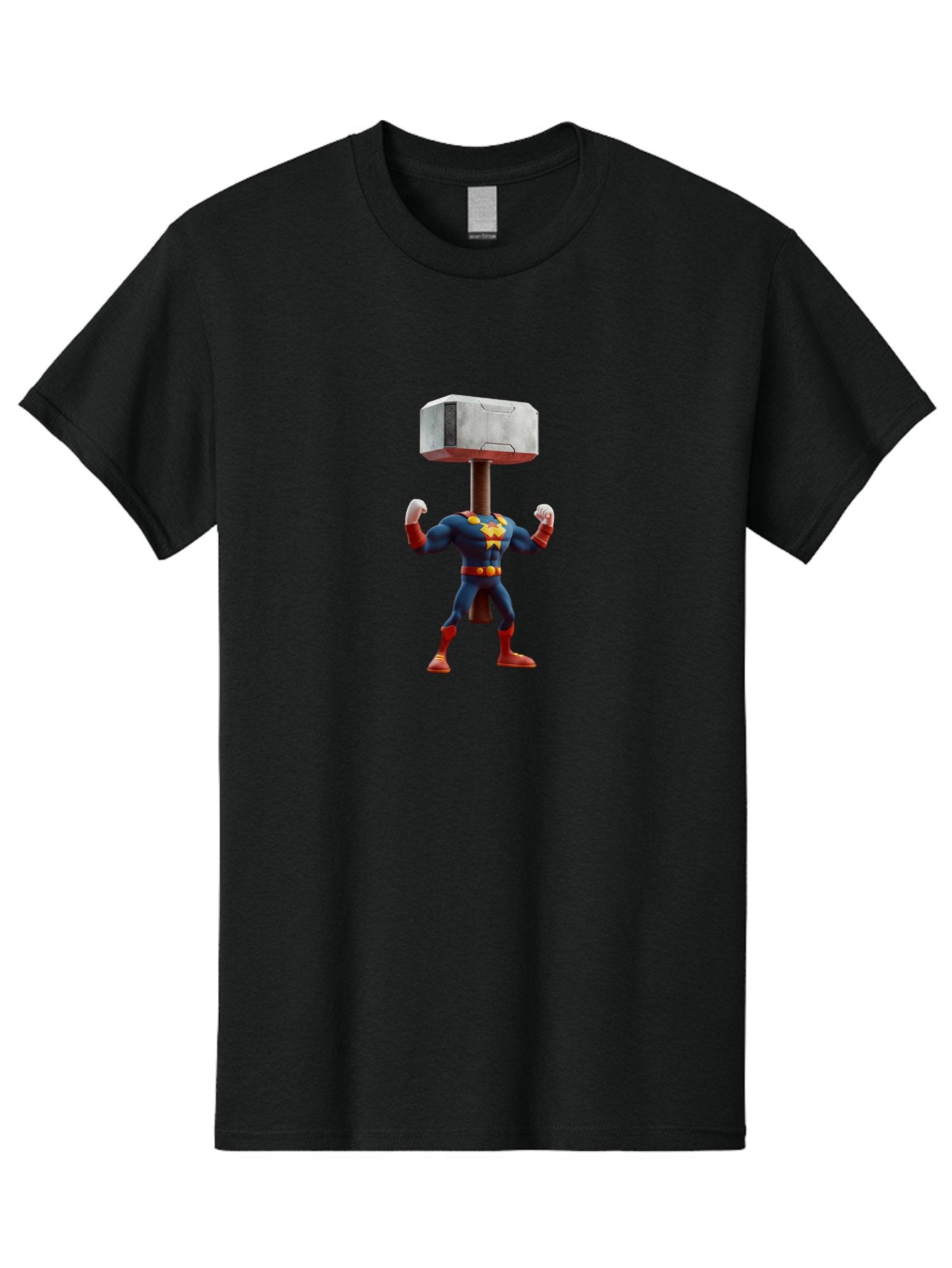 Mjolnir-Thor Men'S Graphic Tee, 100% Cotton, Comfortable Casual Summer Wear, Machine Washable, Thor Flexing Muscles, Superhero Pose, Blue And Red Costume, Yellow Belt And Emblem, Cartoon-Style, Strong And Powerful, Humorous Illustration, Bad328 9