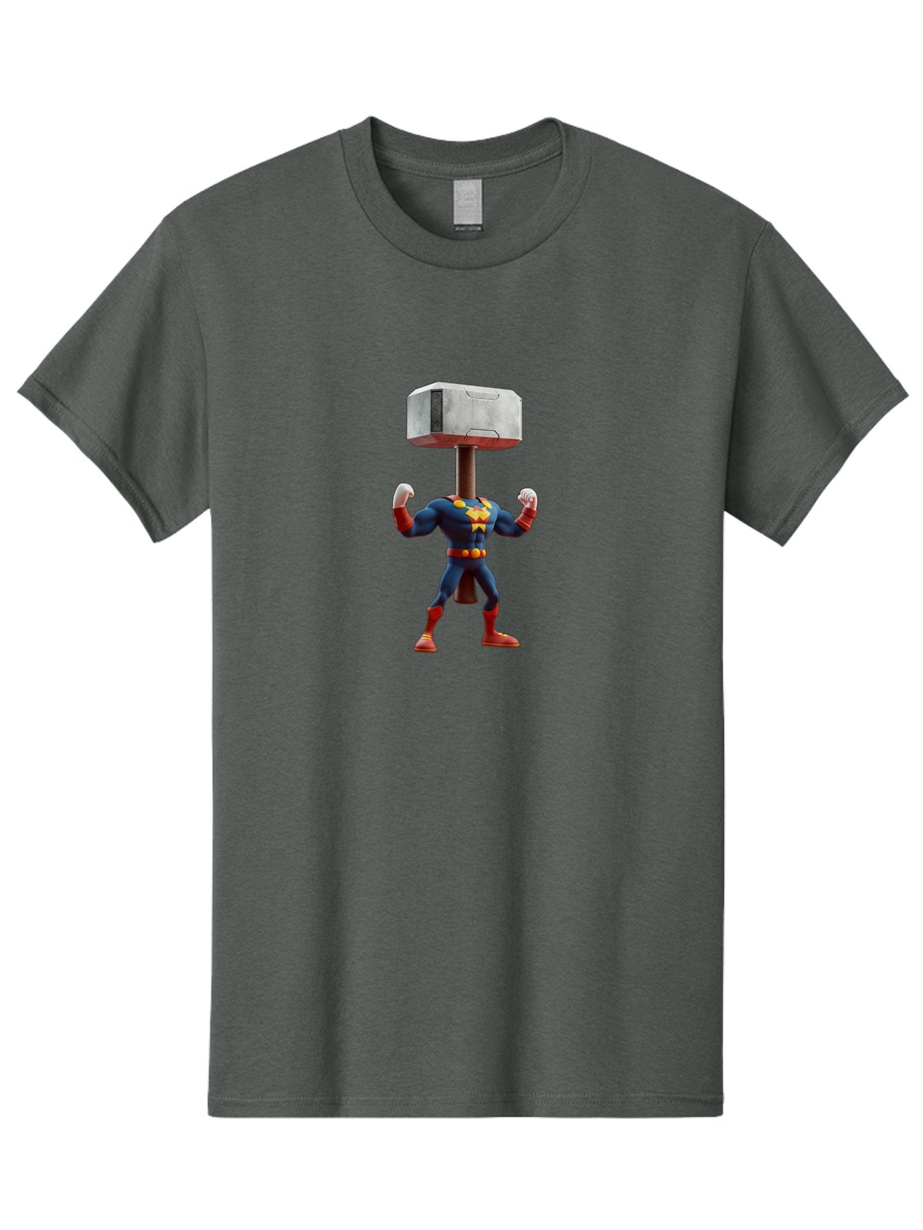 Mjolnir-Thor Men'S Graphic Tee, 100% Cotton, Comfortable Casual Summer Wear, Machine Washable, Thor Flexing Muscles, Superhero Pose, Blue And Red Costume, Yellow Belt And Emblem, Cartoon-Style, Strong And Powerful, Humorous Illustration, Bad328 6