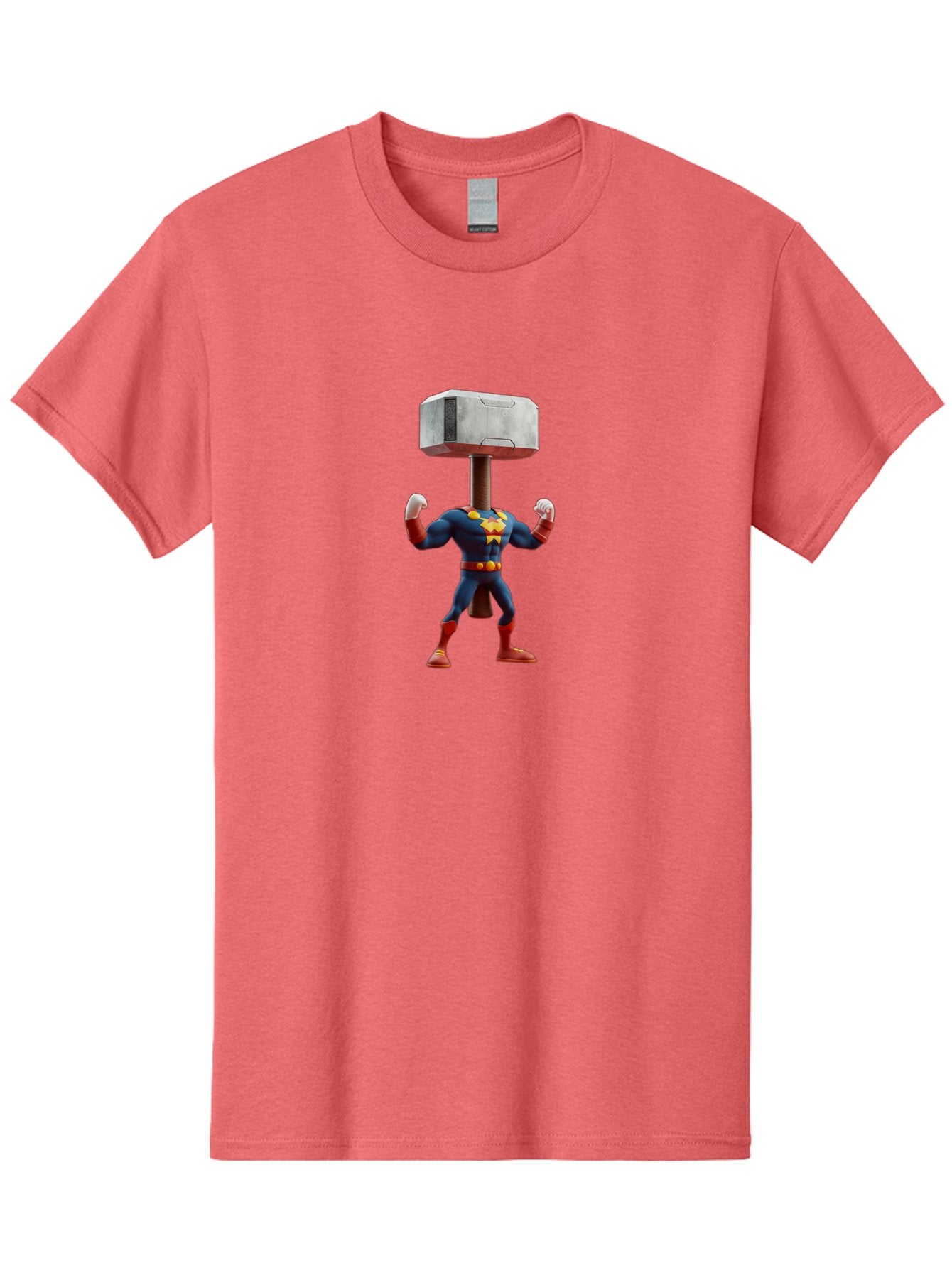 Mjolnir-Thor Men'S Graphic Tee, 100% Cotton, Comfortable Casual Summer Wear, Machine Washable, Thor Flexing Muscles, Superhero Pose, Blue And Red Costume, Yellow Belt And Emblem, Cartoon-Style, Strong And Powerful, Humorous Illustration, Bad328