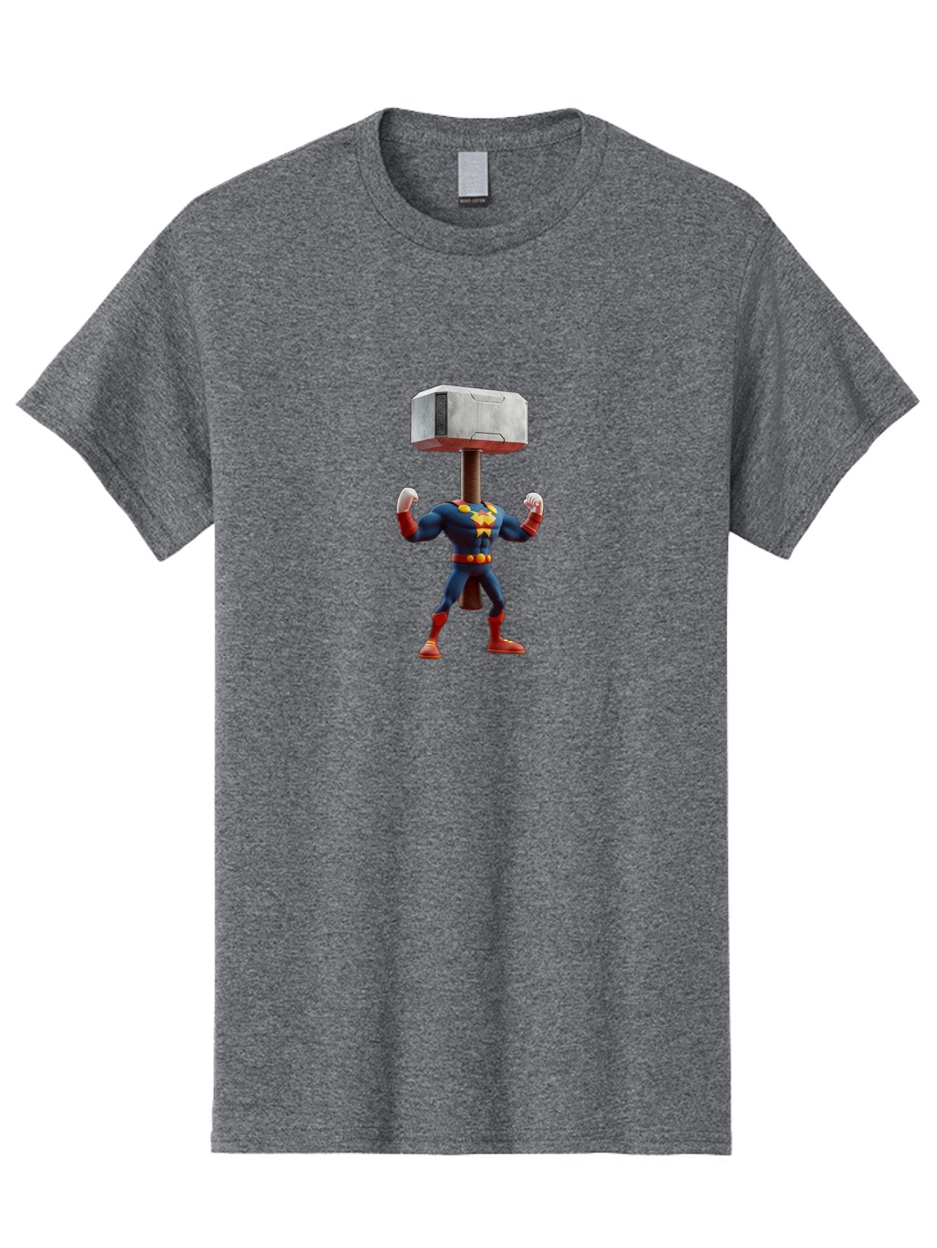 Mjolnir-Thor Men'S Graphic Tee, 100% Cotton, Comfortable Casual Summer Wear, Machine Washable, Thor Flexing Muscles, Superhero Pose, Blue And Red Costume, Yellow Belt And Emblem, Cartoon-Style, Strong And Powerful, Humorous Illustration, Bad328 5