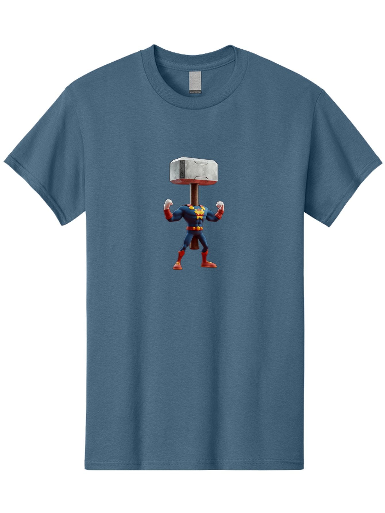 Mjolnir-Thor Men'S Graphic Tee, 100% Cotton, Comfortable Casual Summer Wear, Machine Washable, Thor Flexing Muscles, Superhero Pose, Blue And Red Costume, Yellow Belt And Emblem, Cartoon-Style, Strong And Powerful, Humorous Illustration, Bad328 3