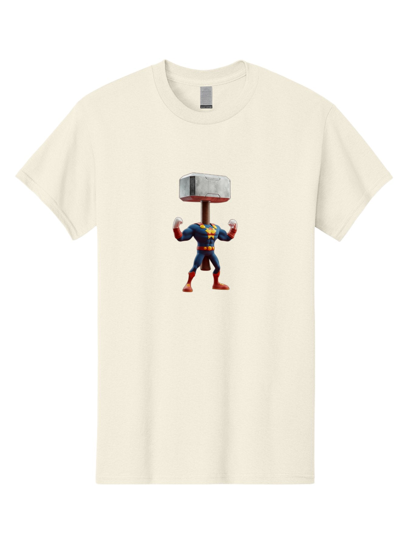 Mjolnir-Thor Men'S Graphic Tee, 100% Cotton, Comfortable Casual Summer Wear, Machine Washable, Thor Flexing Muscles, Superhero Pose, Blue And Red Costume, Yellow Belt And Emblem, Cartoon-Style, Strong And Powerful, Humorous Illustration, Bad328 15
