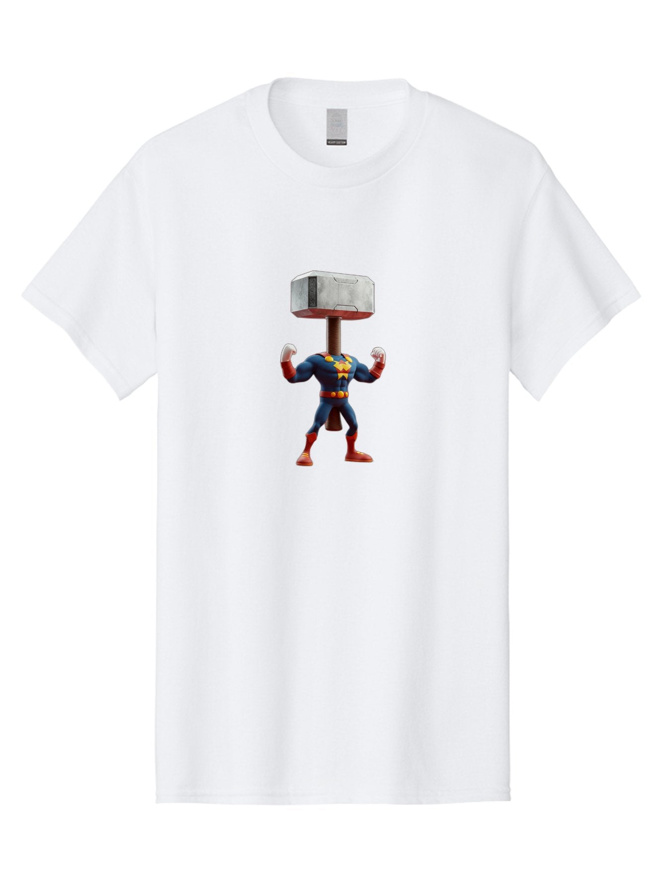Mjolnir-Thor Men'S Graphic Tee, 100% Cotton, Comfortable Casual Summer Wear, Machine Washable, Thor Flexing Muscles, Superhero Pose, Blue And Red Costume, Yellow Belt And Emblem, Cartoon-Style, Strong And Powerful, Humorous Illustration, Bad328 7