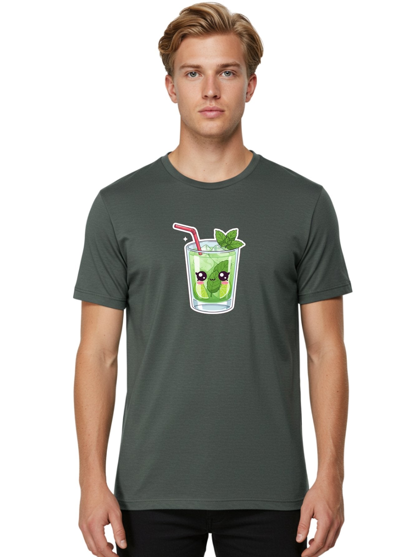 Mojito Men'S Graphic Tee, 100% Cotton, Comfortable Casual Summer Wear, Machine Washable, Mojito Cocktail, Refreshing Drink, Lime Wedges, Mint Leaves, Cartoon Style, Cute Characters, Summer Vibes, Pink Straw, Fun Illustration, Kawaii Design, Bad333 23