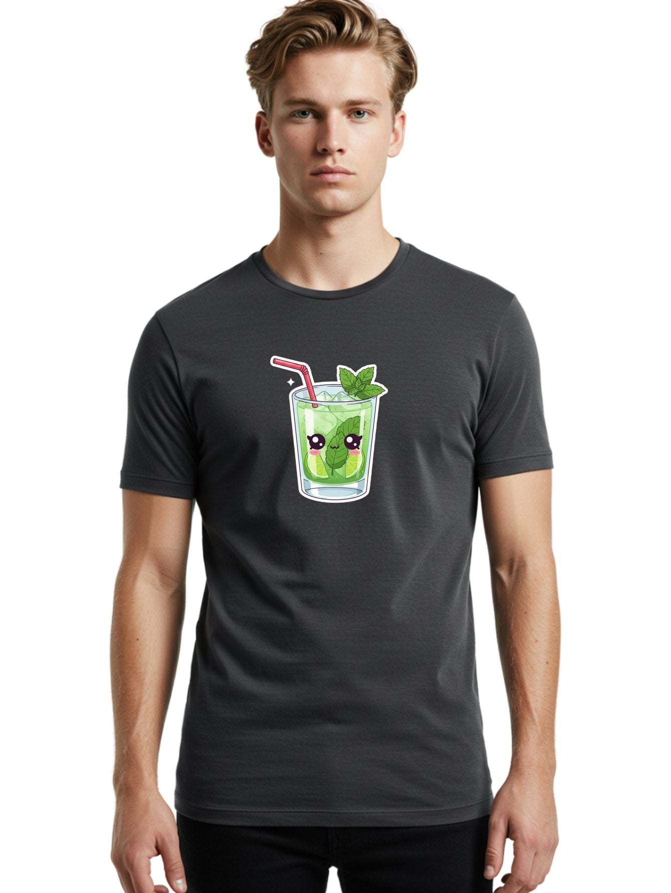 Mojito Men'S Graphic Tee, 100% Cotton, Comfortable Casual Summer Wear, Machine Washable, Mojito Cocktail, Refreshing Drink, Lime Wedges, Mint Leaves, Cartoon Style, Cute Characters, Summer Vibes, Pink Straw, Fun Illustration, Kawaii Design, Bad333 20