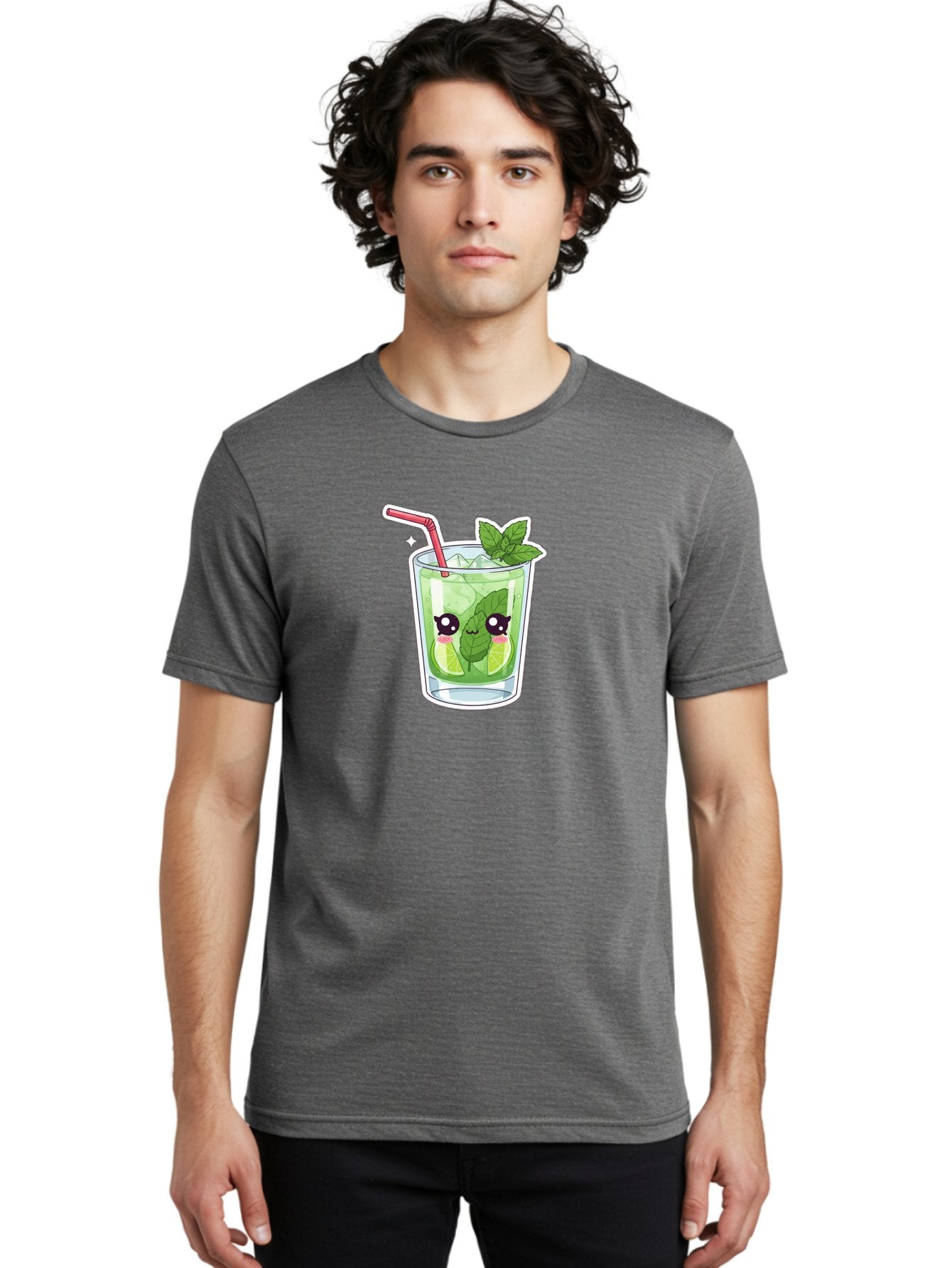 Mojito Men'S Graphic Tee, 100% Cotton, Comfortable Casual Summer Wear, Machine Washable, Mojito Cocktail, Refreshing Drink, Lime Wedges, Mint Leaves, Cartoon Style, Cute Characters, Summer Vibes, Pink Straw, Fun Illustration, Kawaii Design, Bad333 21