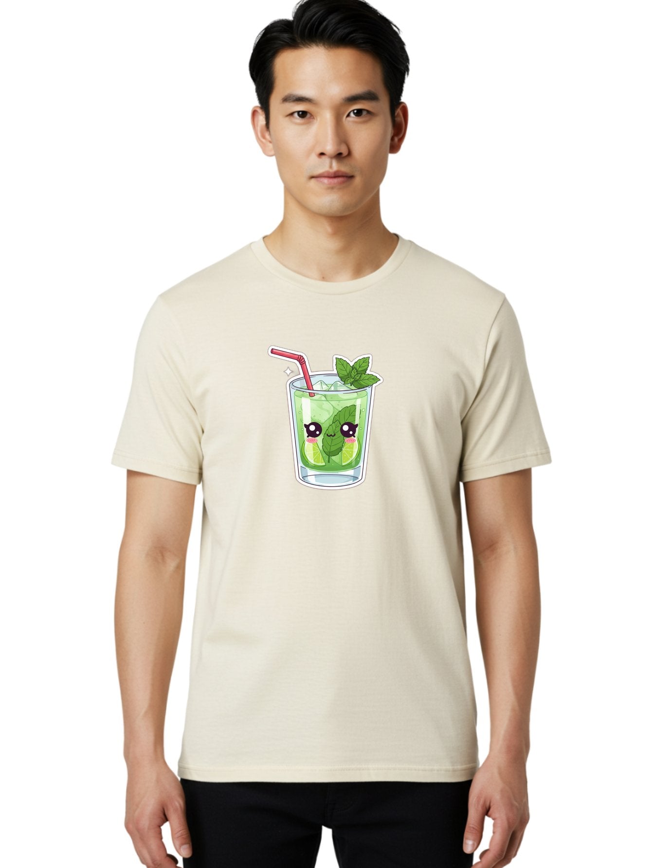 Mojito Men'S Graphic Tee, 100% Cotton, Comfortable Casual Summer Wear, Machine Washable, Mojito Cocktail, Refreshing Drink, Lime Wedges, Mint Leaves, Cartoon Style, Cute Characters, Summer Vibes, Pink Straw, Fun Illustration, Kawaii Design, Bad333 29
